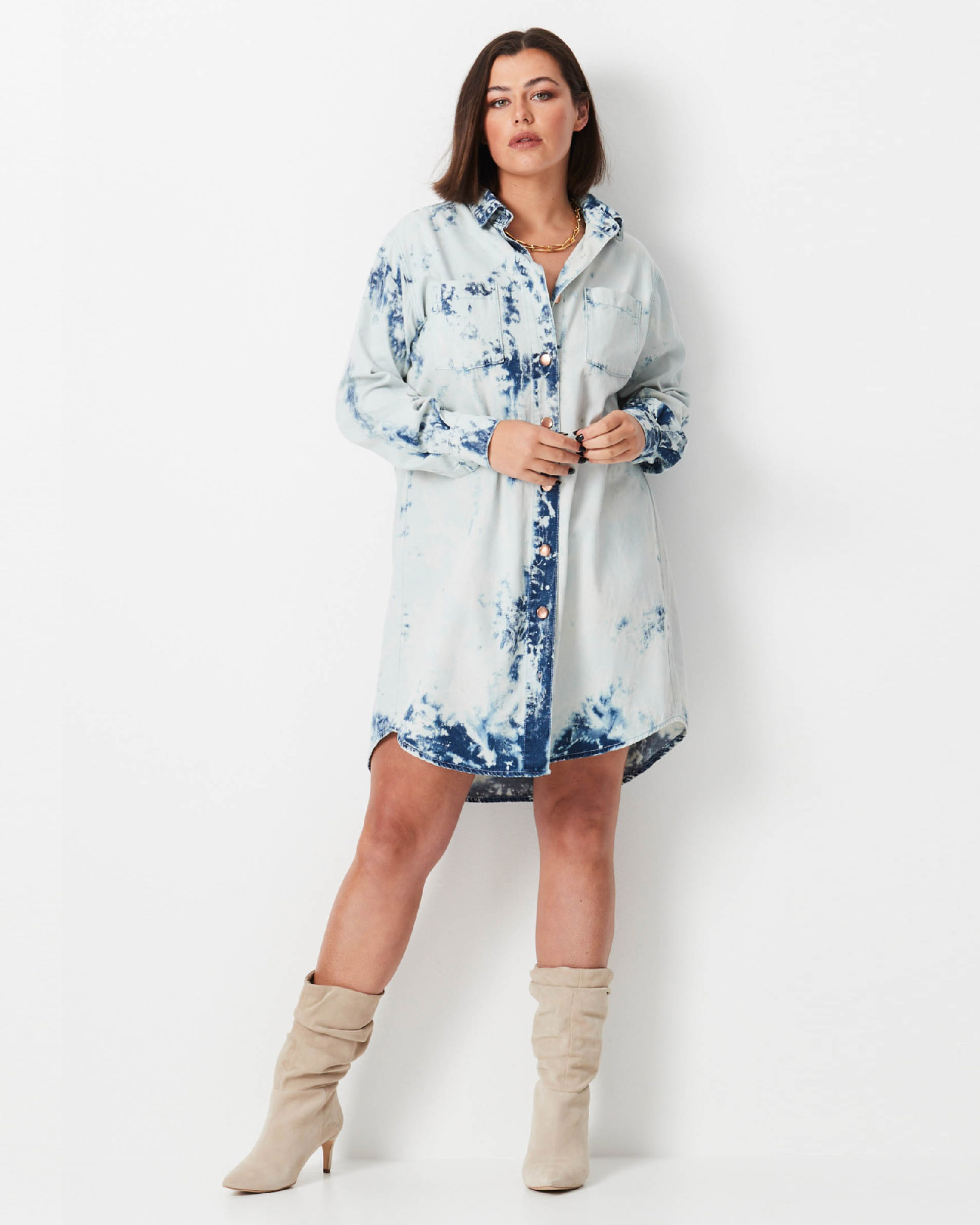 Shibori Denim Shirt Dress - White