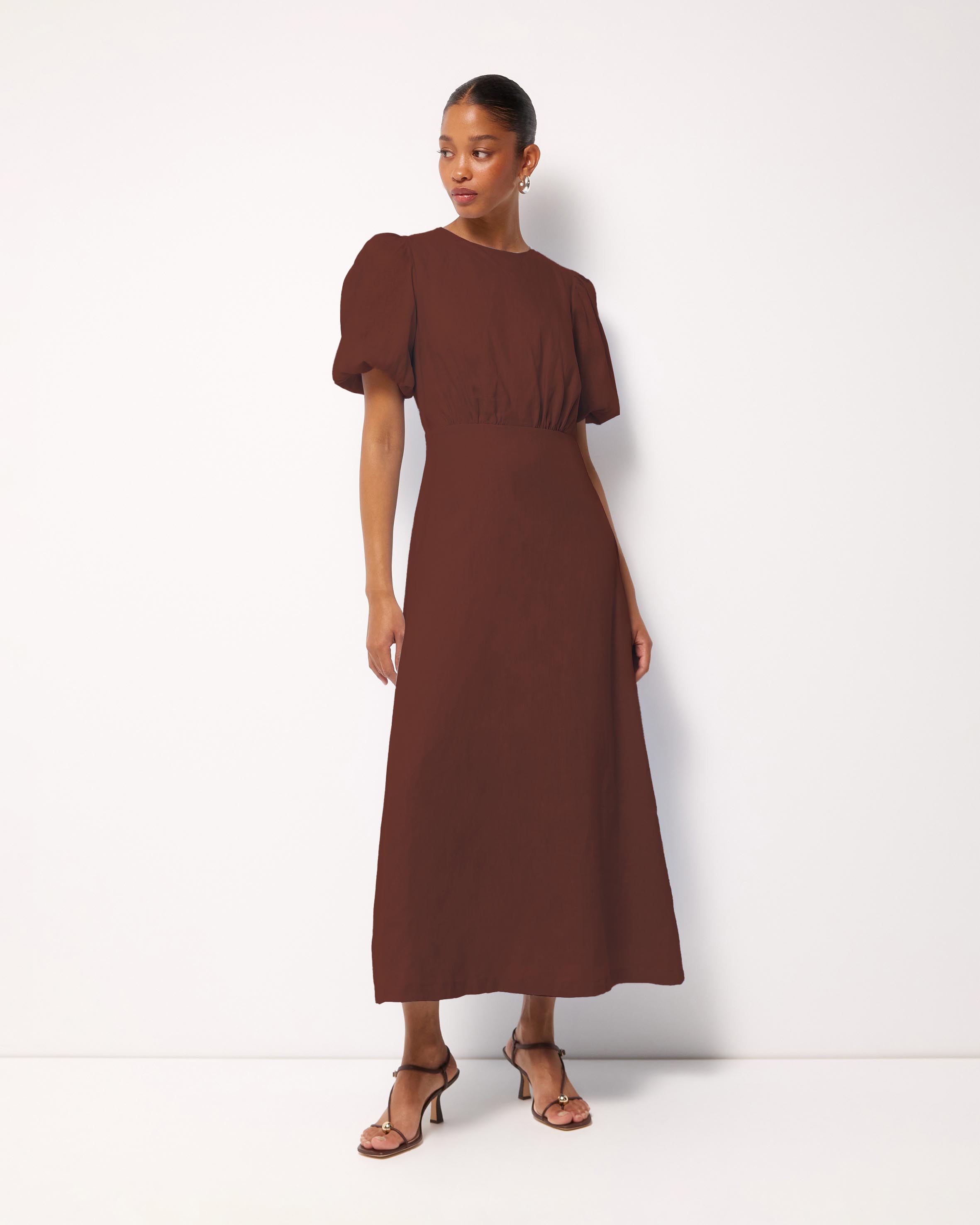 Elowen Linen Puff Sleeve Midi Dress