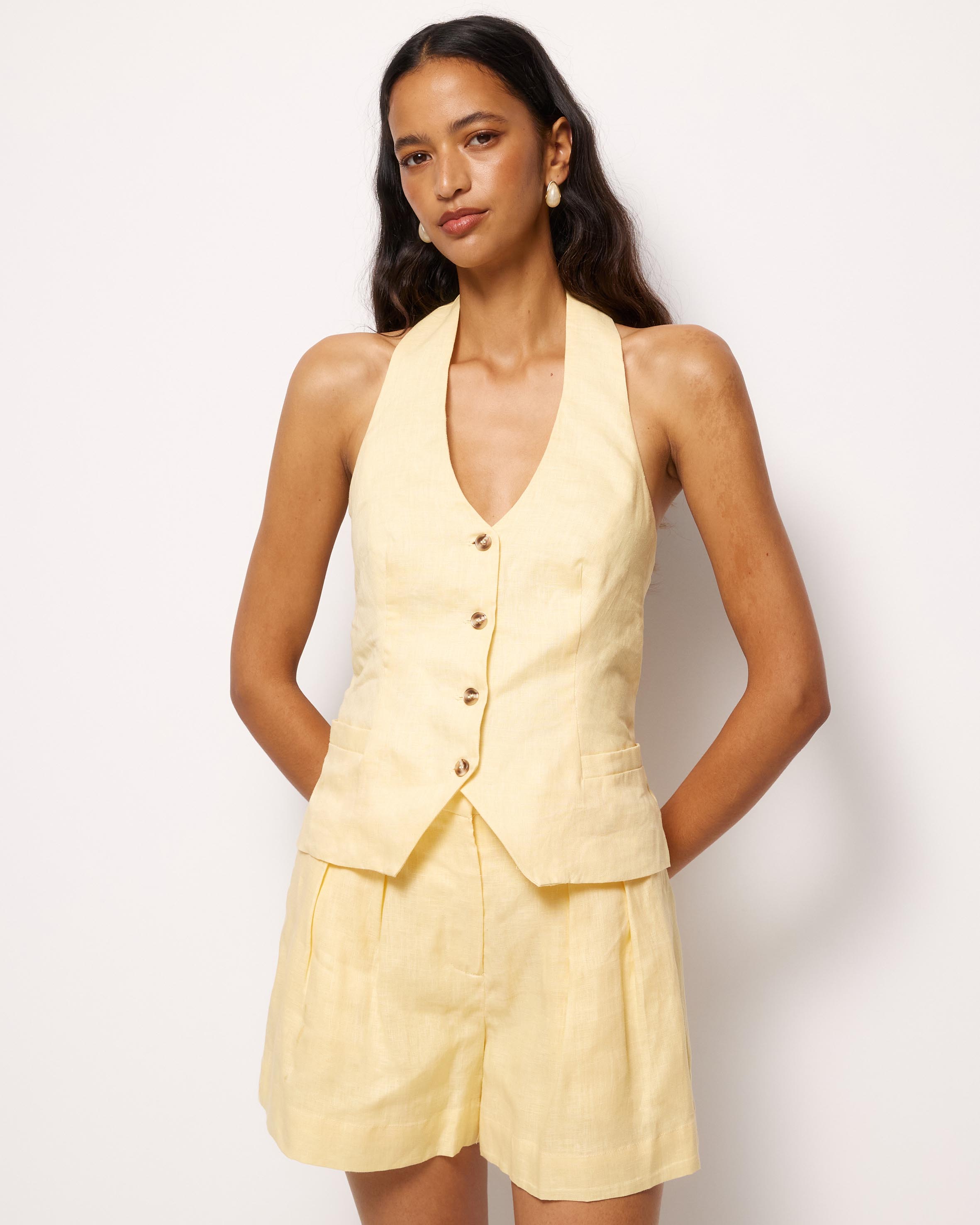 Ana Linen Button Front Halter Top