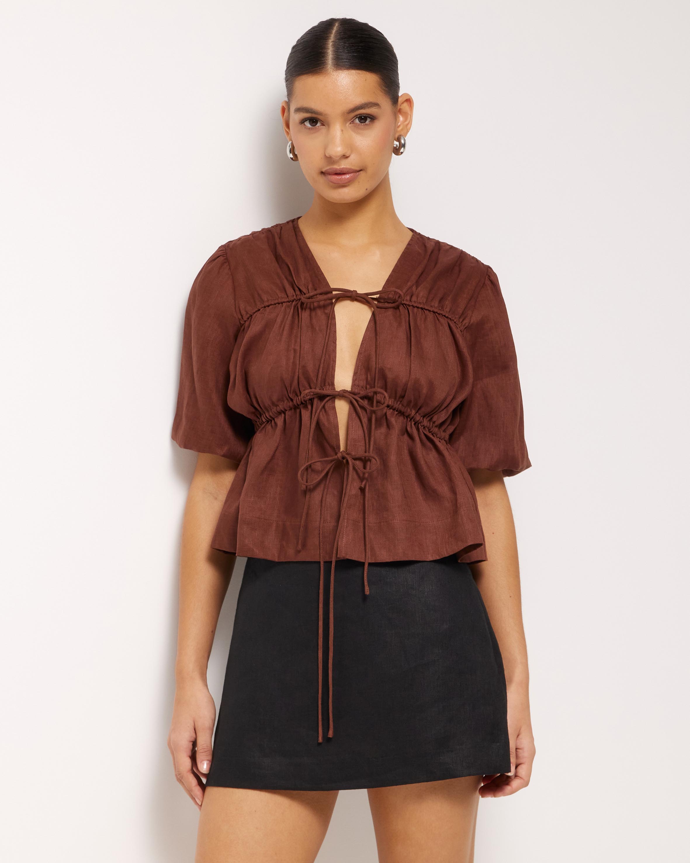 Linen Gathered Tie Front Top