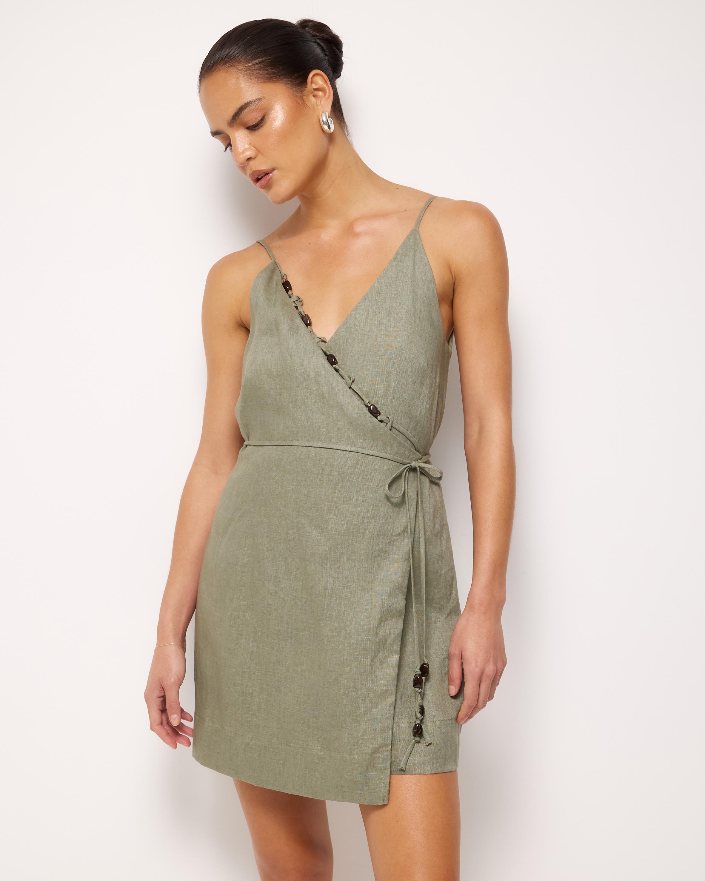 Nora Beaded Linen Wrap Mini Dress