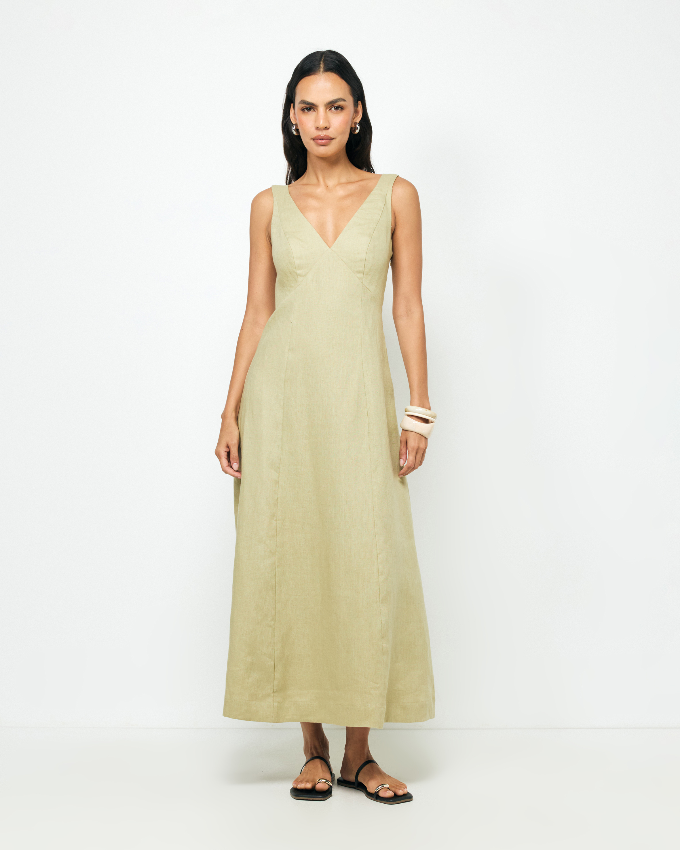 Haven Linen Beaded Midi Dress