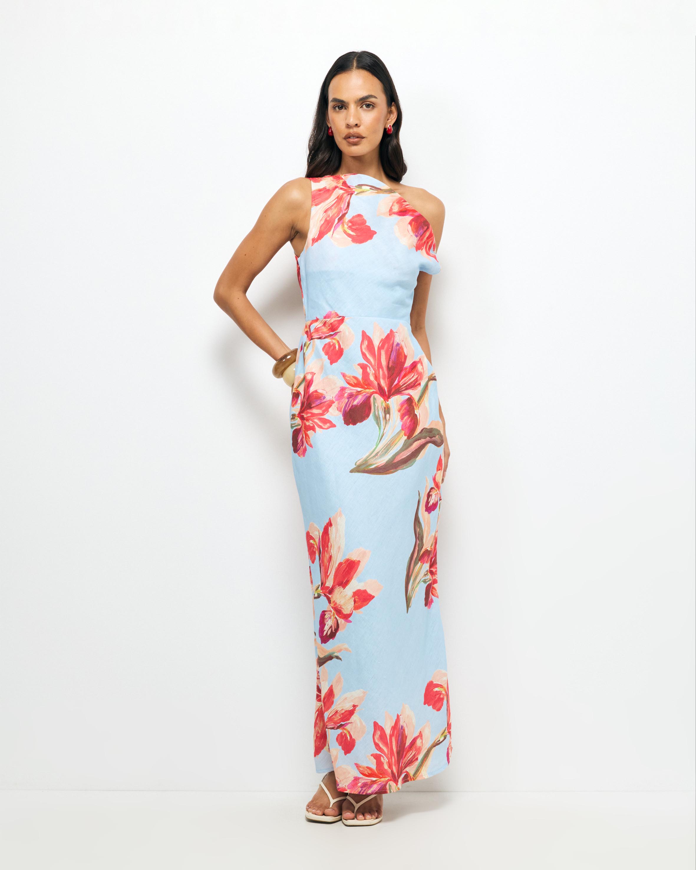 Liore Linen Draped Off Shoulder Maxi Dress
