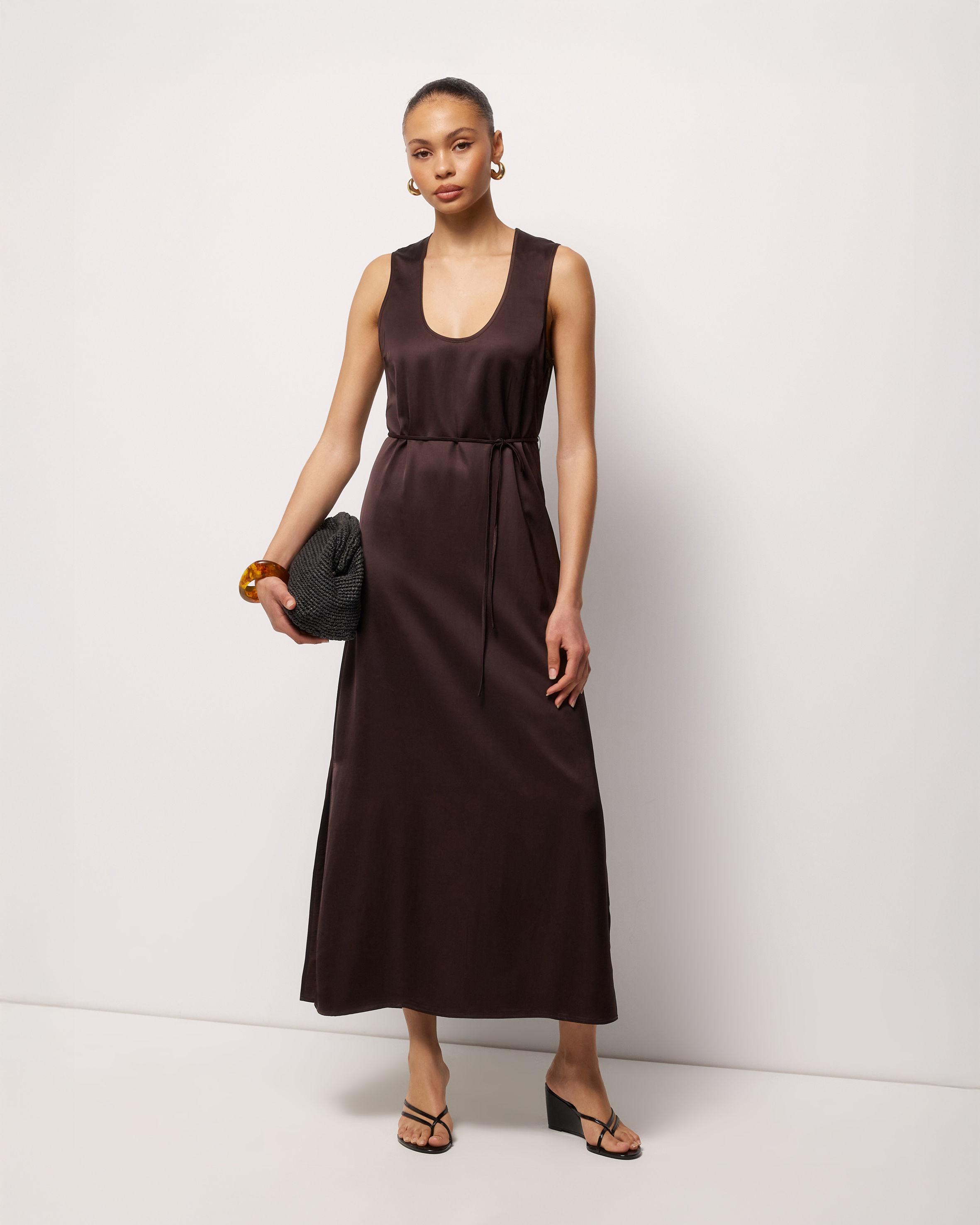Sable Satin U Neck Midi Dress