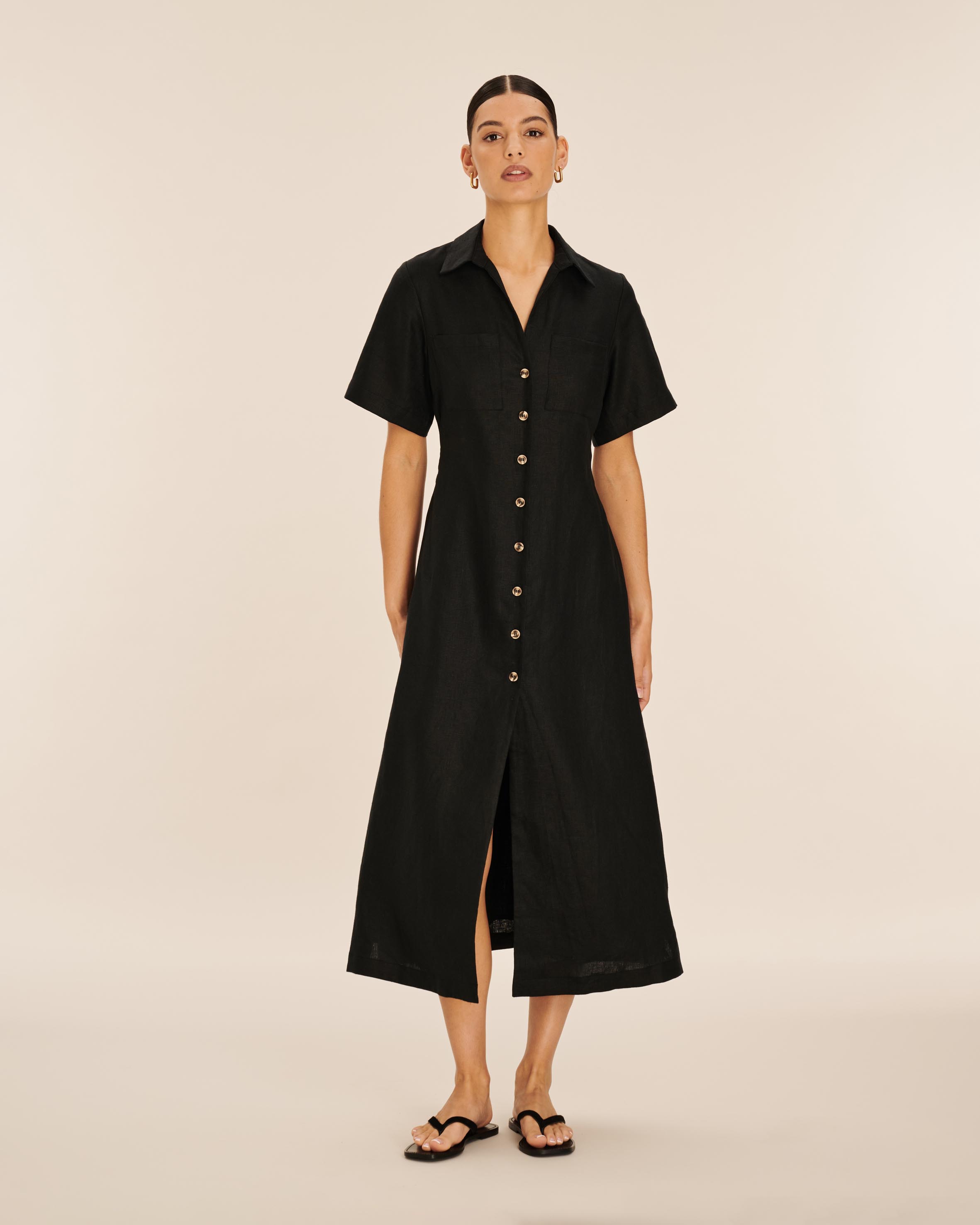 Opal Linen Open Collar Midi Dress