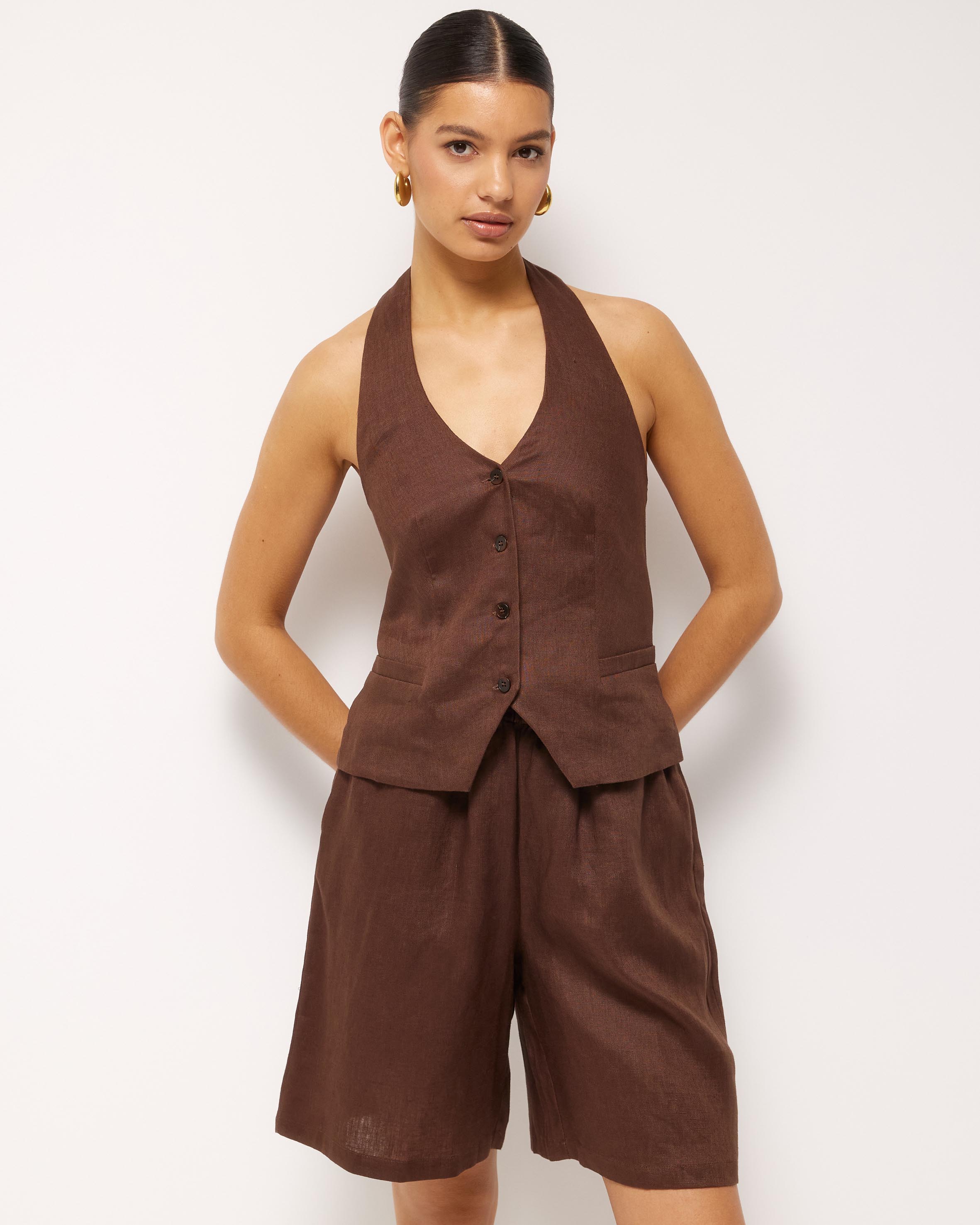 Ana Linen Button Front Halter Top