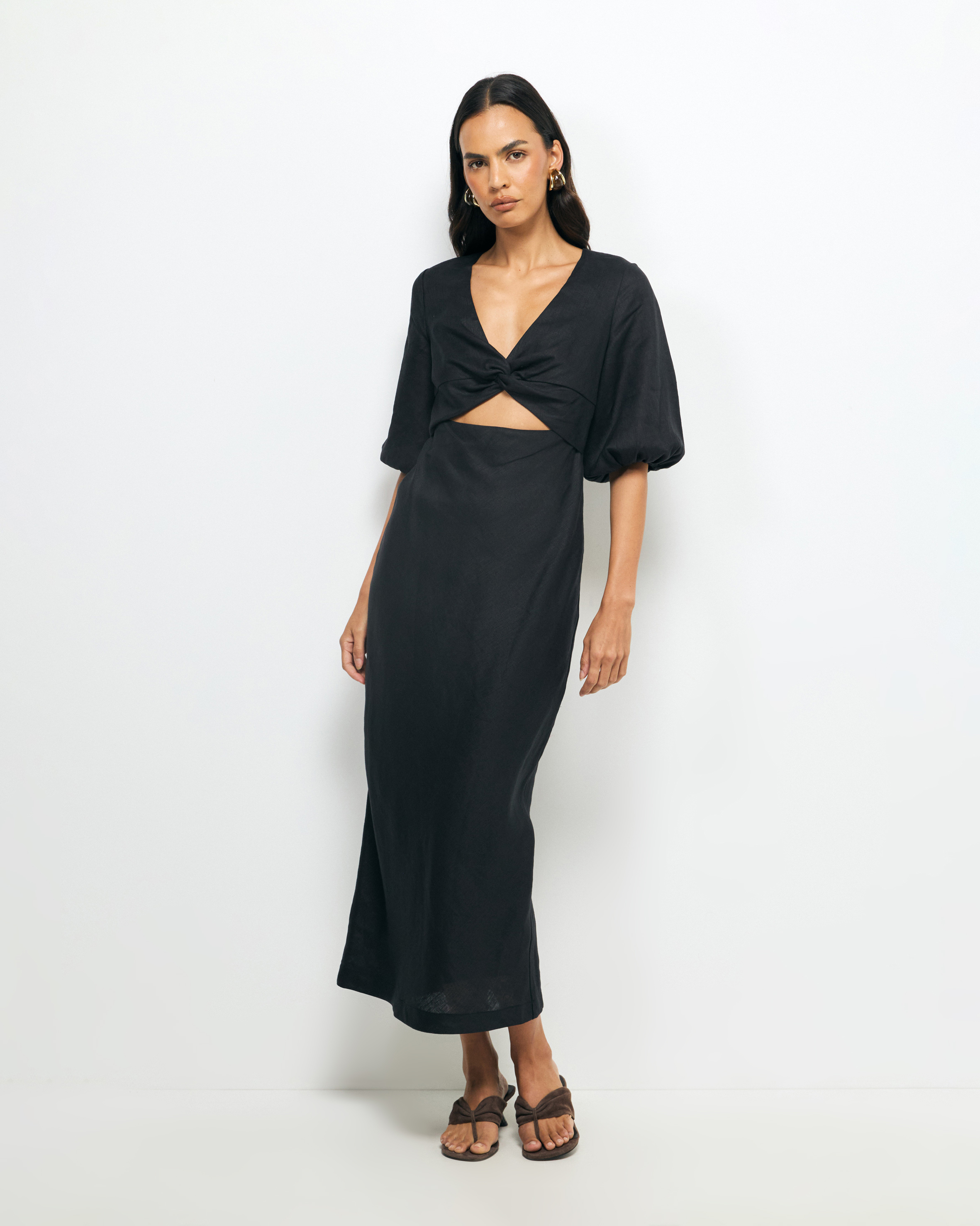 Idalia Twist Front Linen Midi Dress