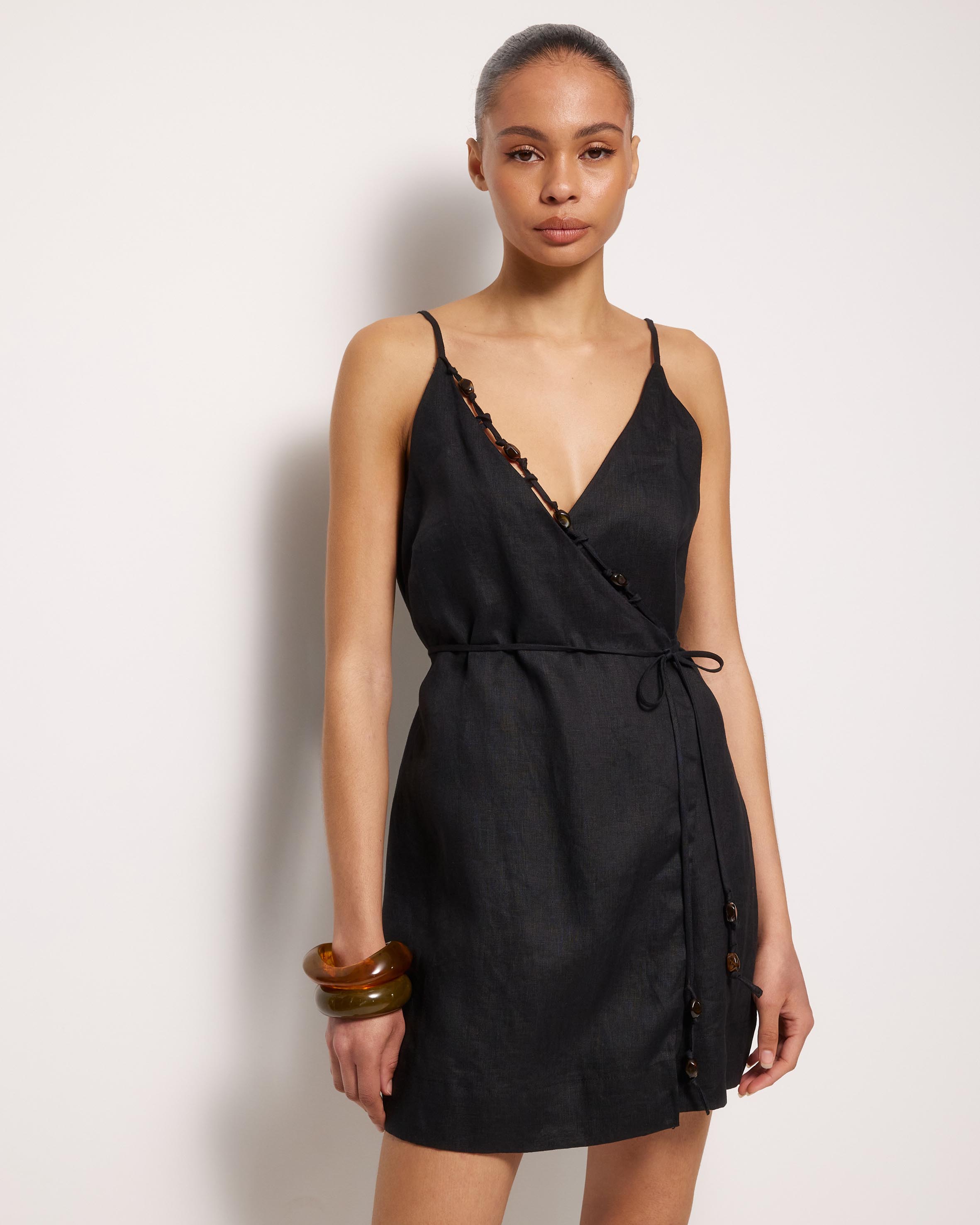 Nora Beaded Linen Wrap Mini Dress