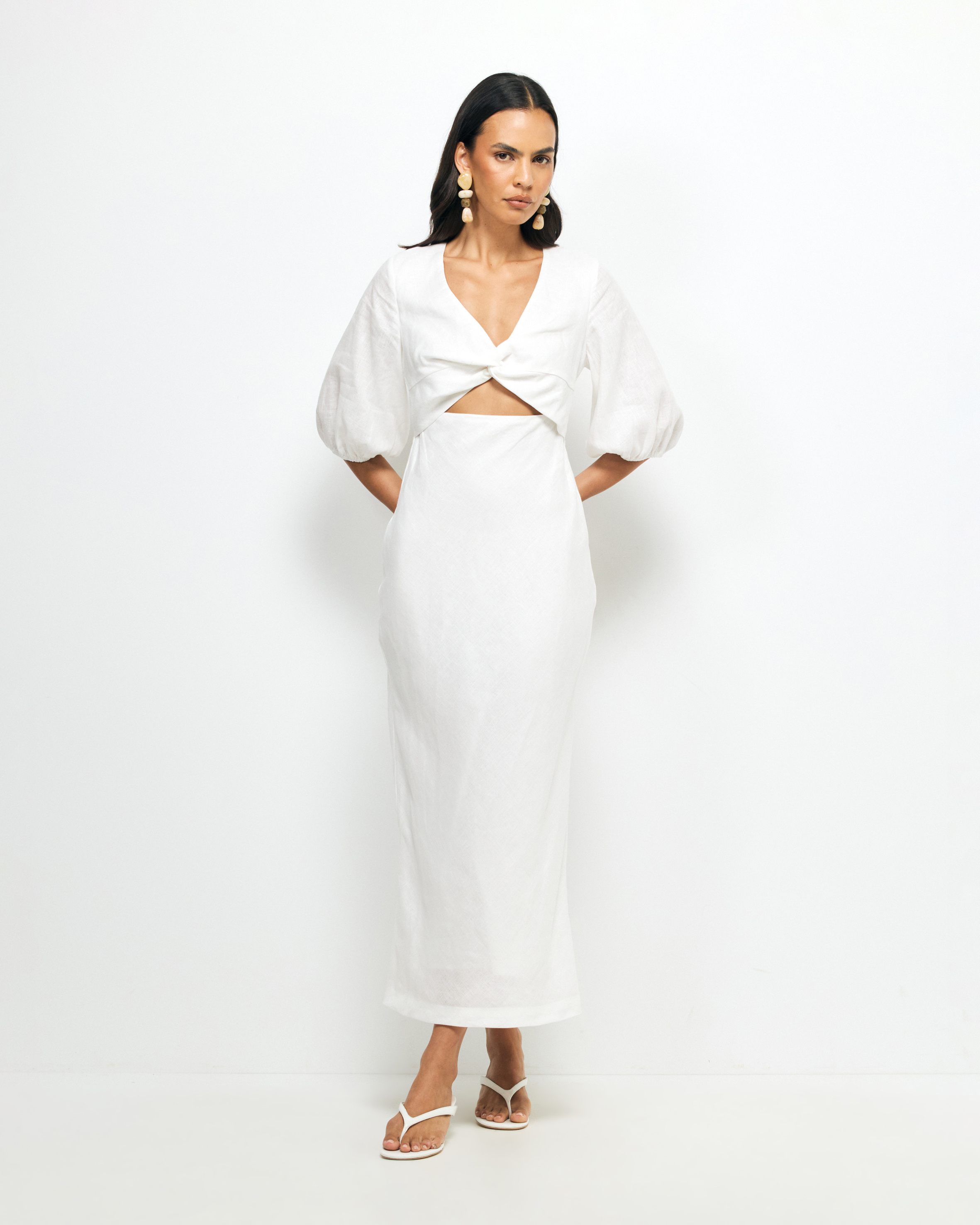 Idalia Twist Front Linen Midi Dress