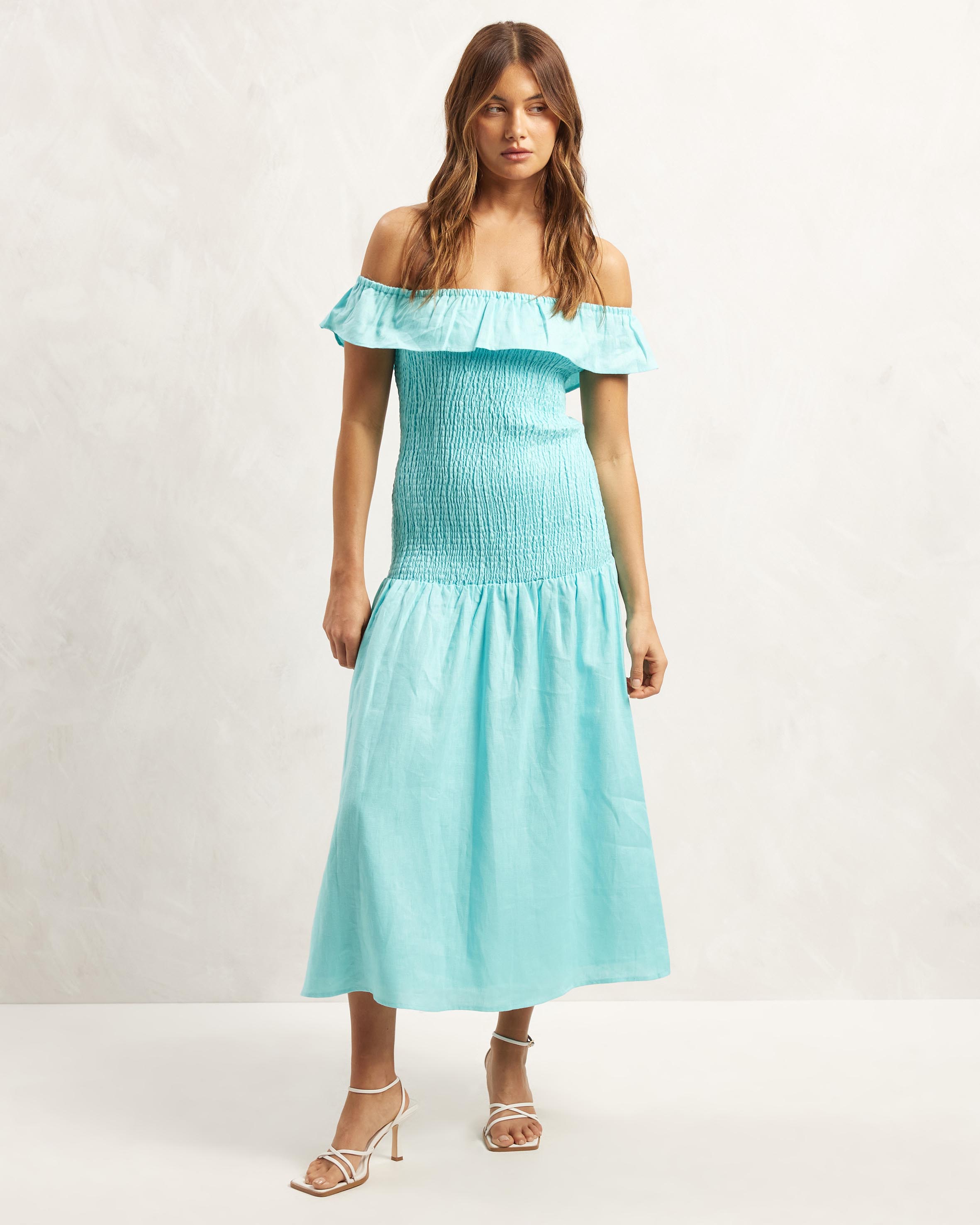 Frill Shirred Midi Dress