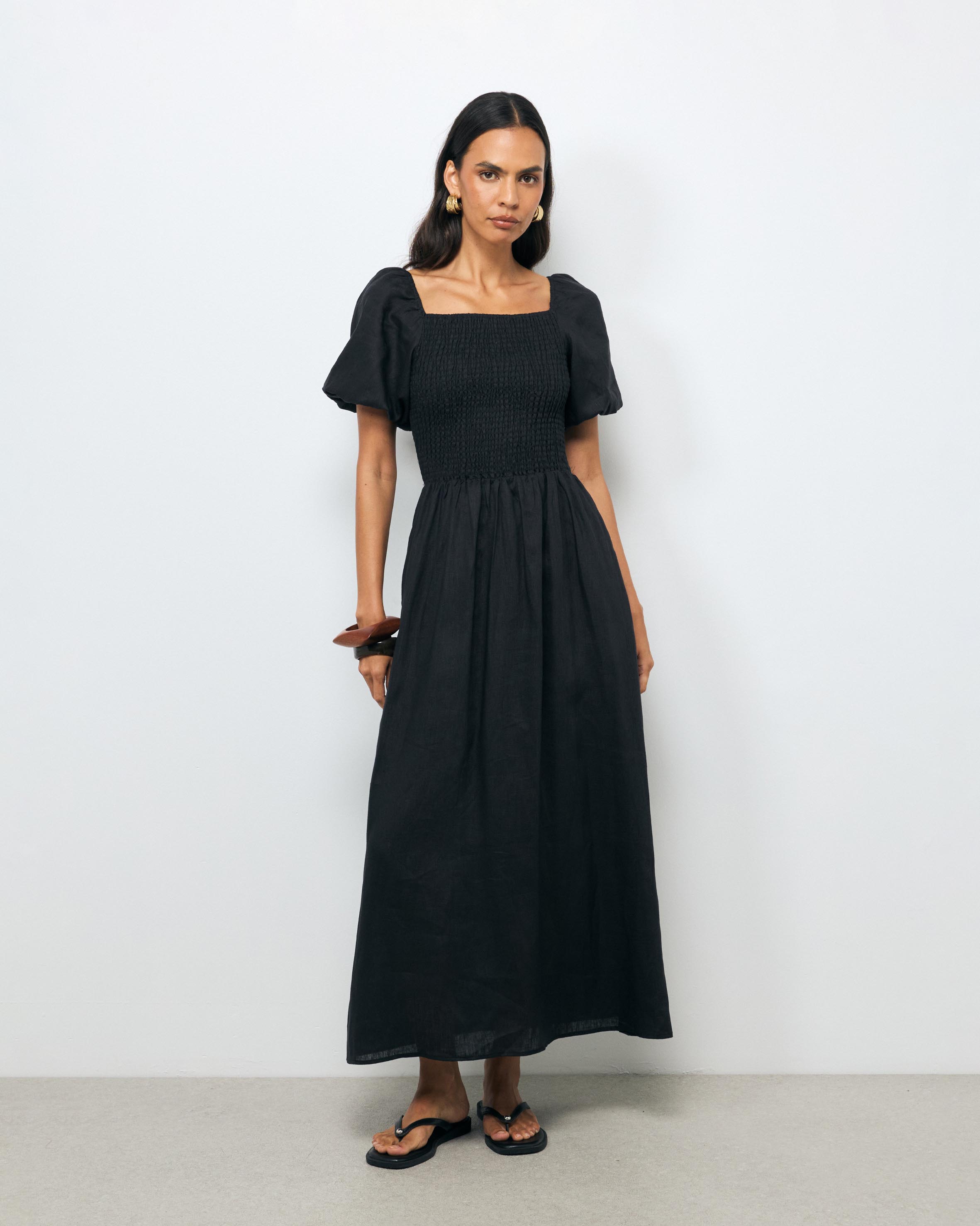 Olana Shirred Linen Midi Dress