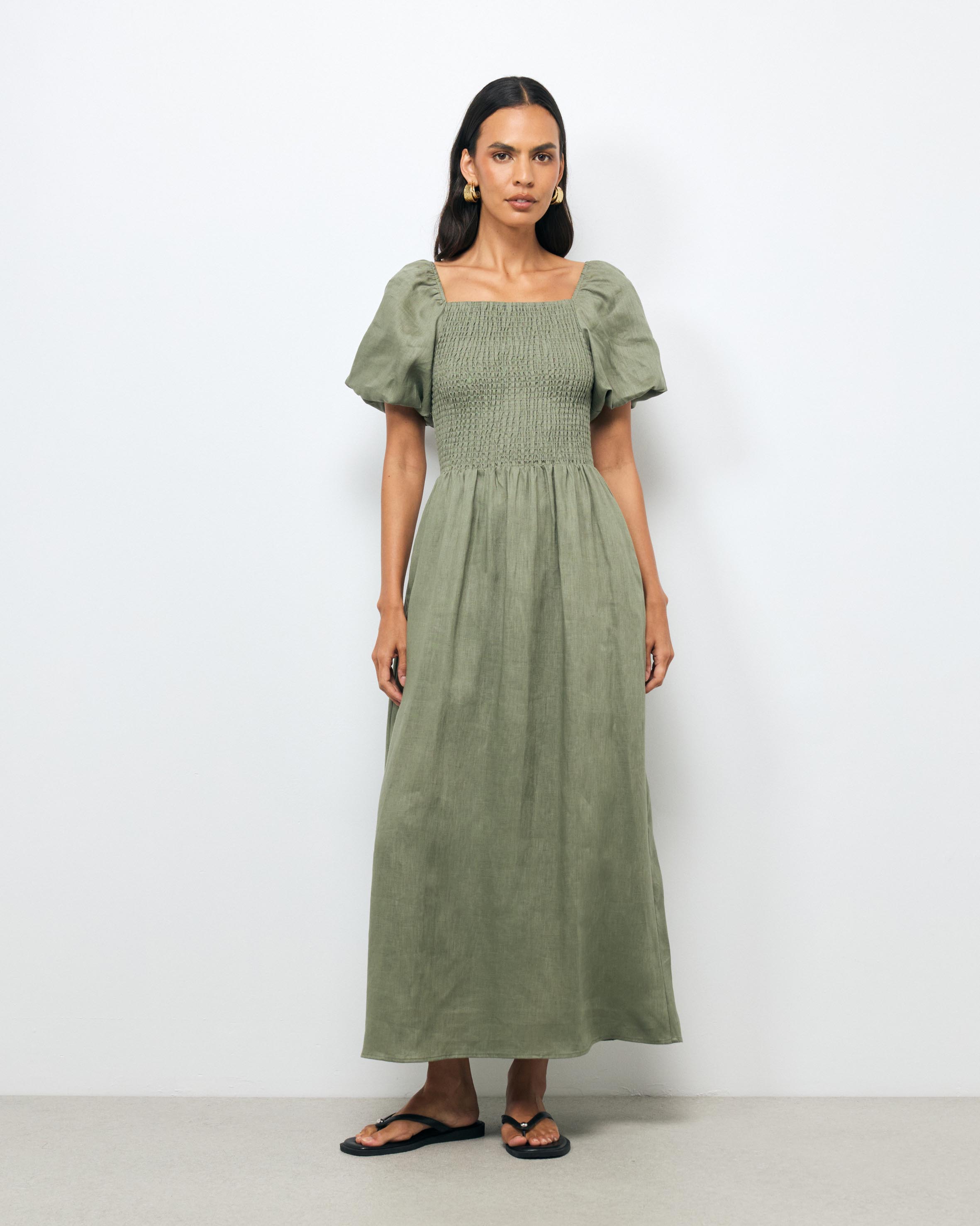 Olana Shirred Linen Midi Dress