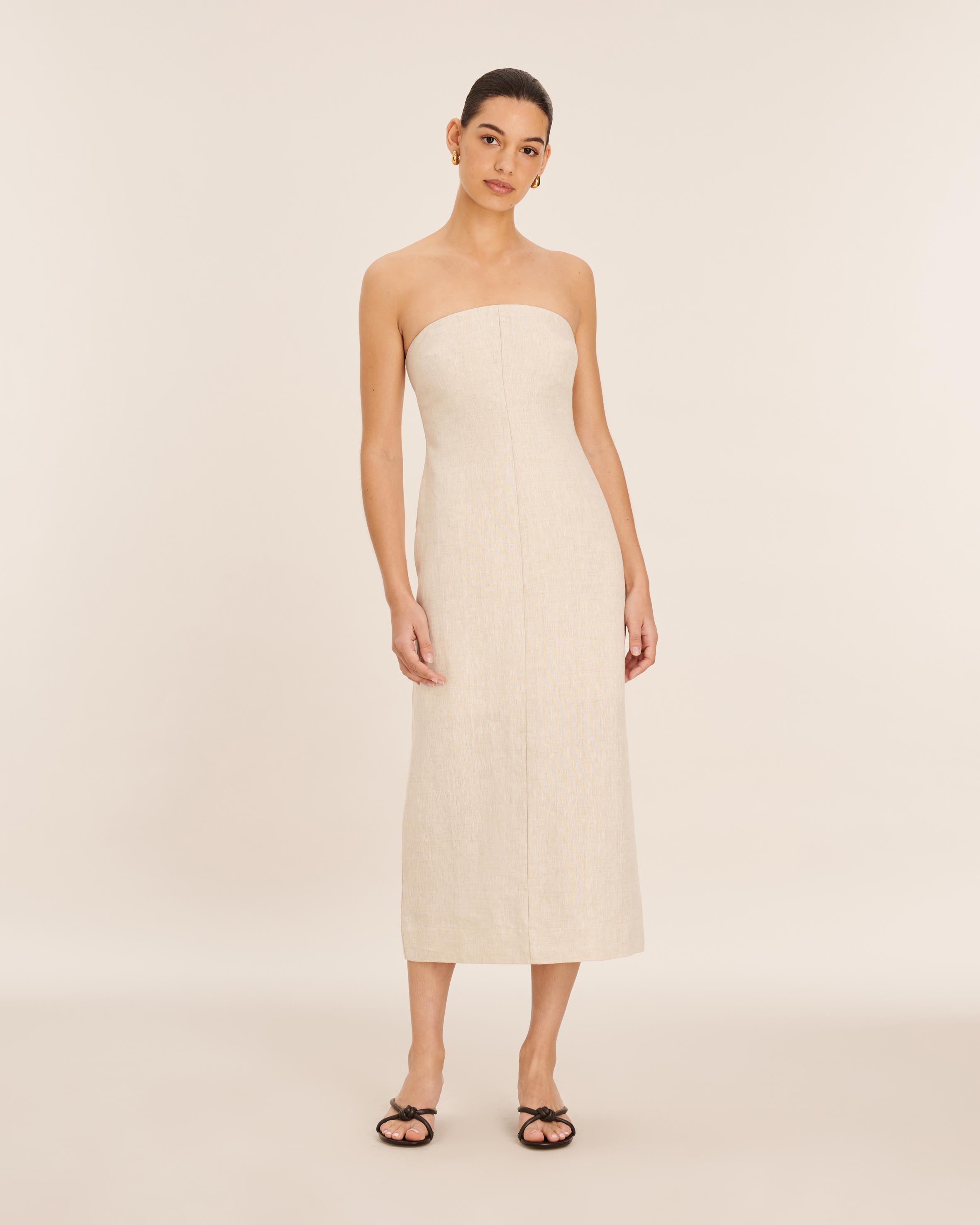 Linen Column Strapless Midi Dress