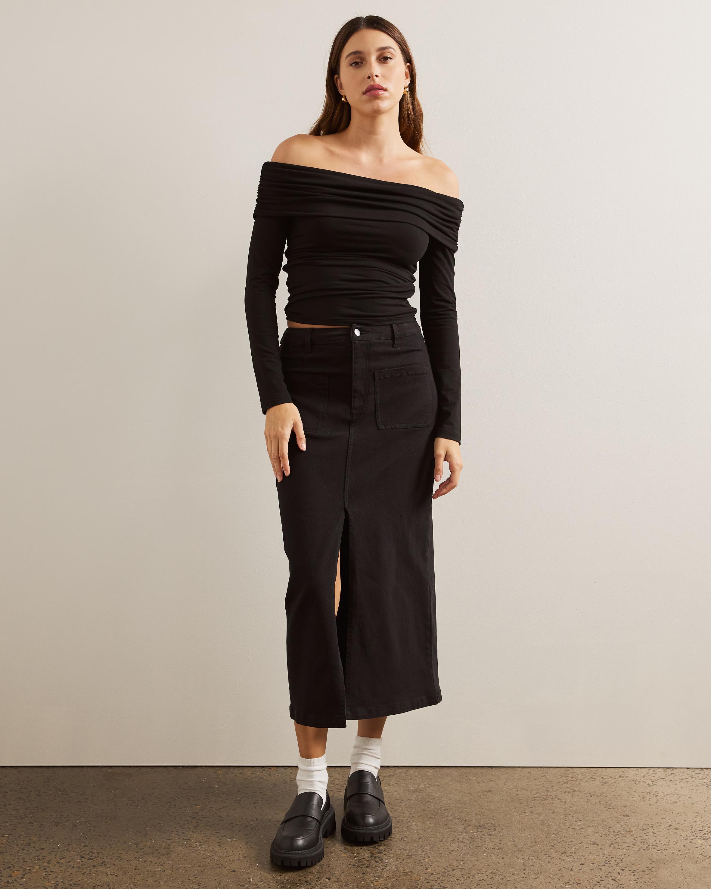 Cotton Split Front Midi Skirt