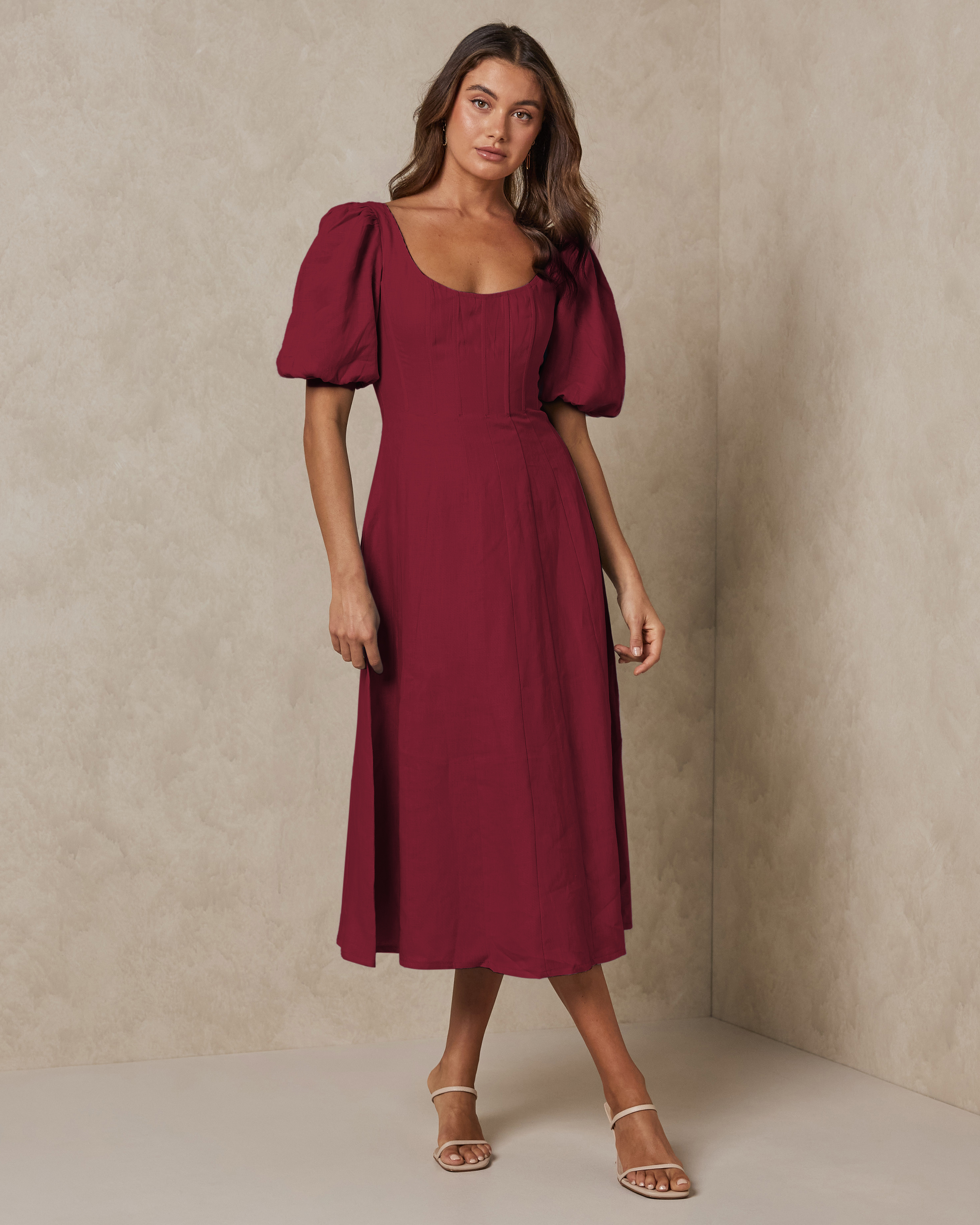 Paloma Linen Puff Sleeve Midi Dress