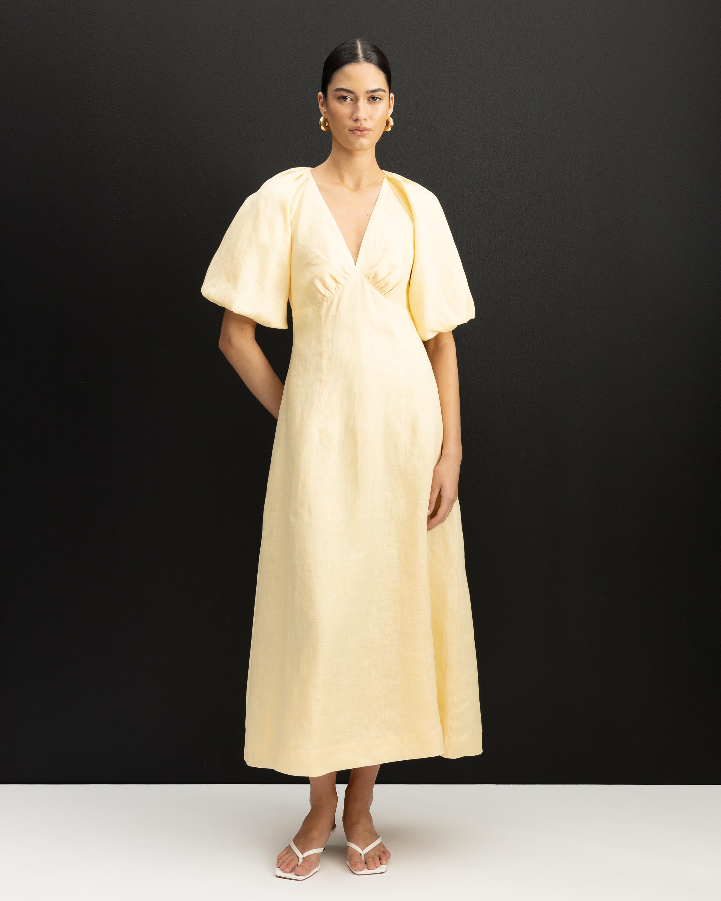 Imogen Linen Puff Sleeve Midi Dress