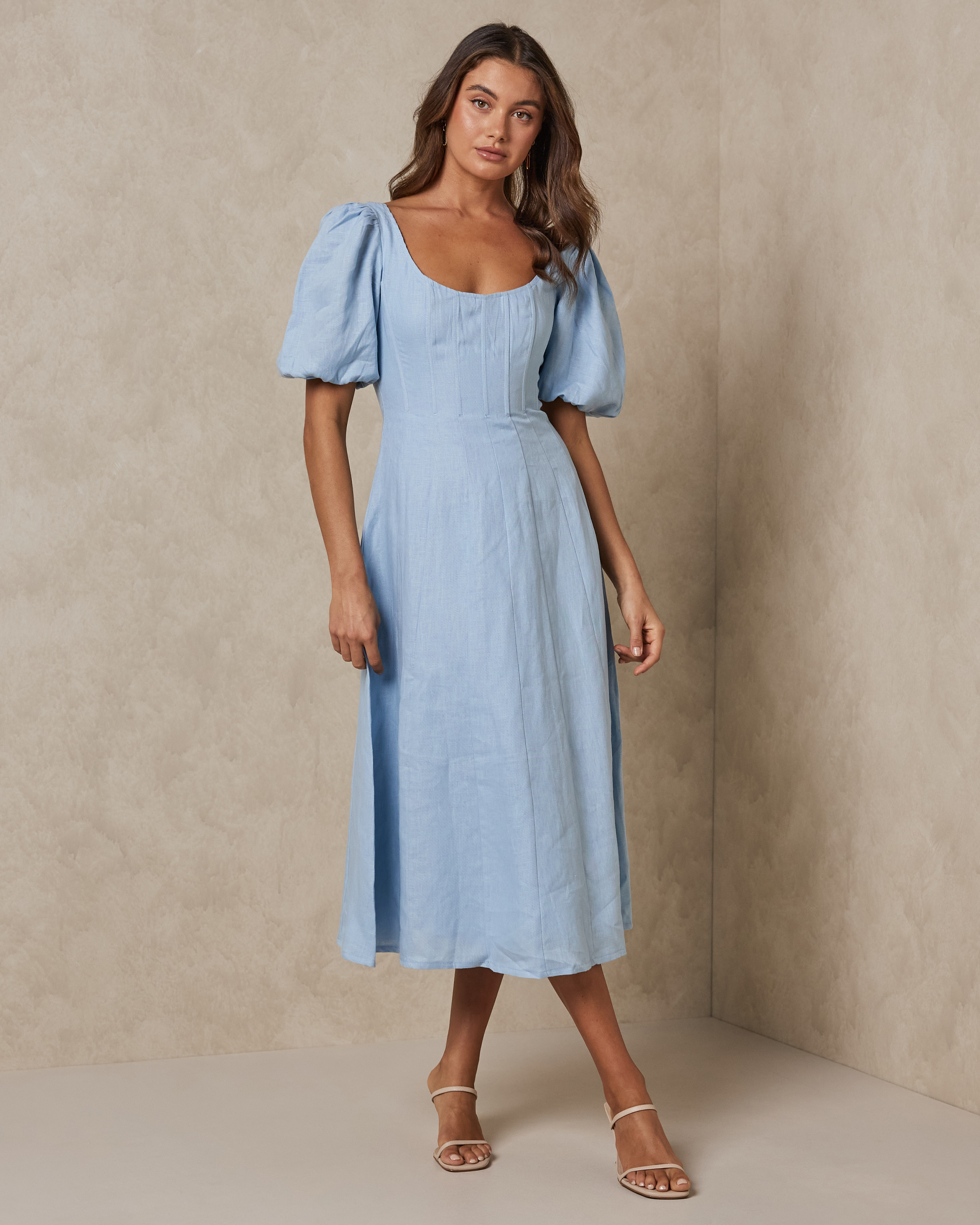 Paloma Linen Puff Sleeve Midi Dress