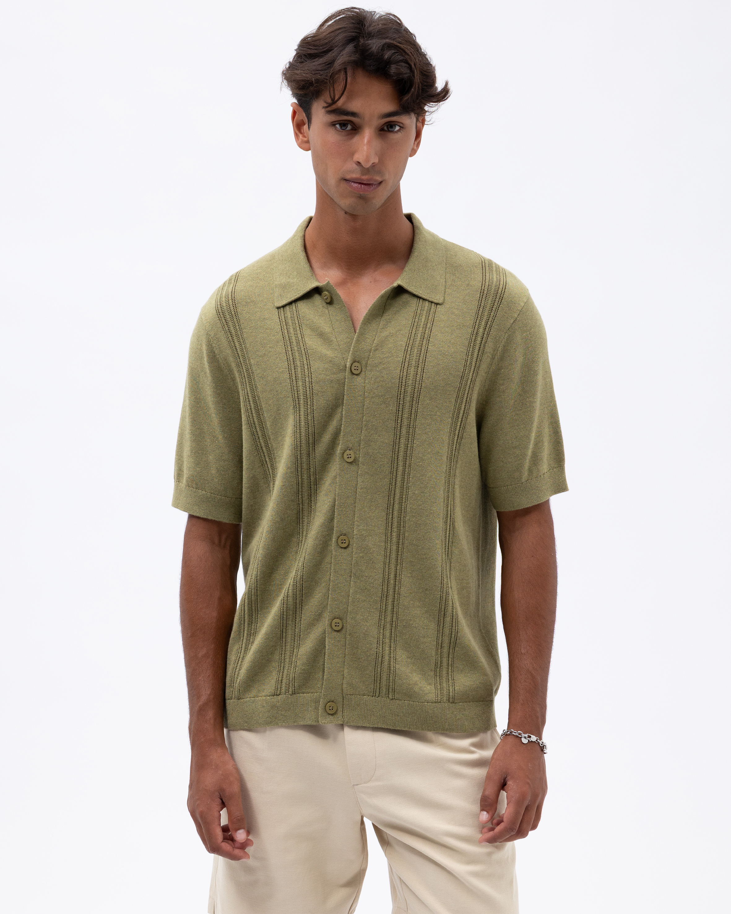 Silk Blend Textured Stripe Knit Shirt
