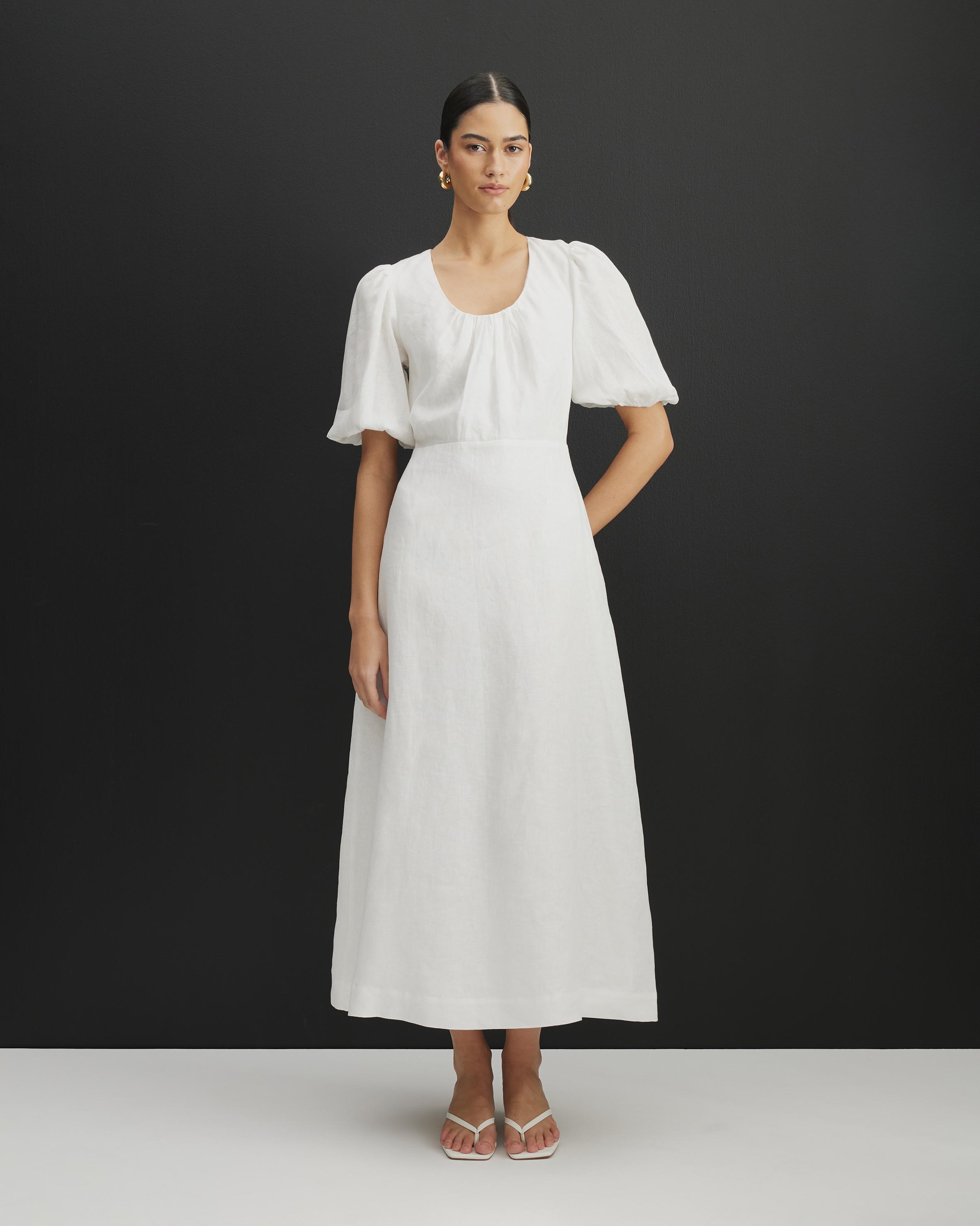 Serena Linen Puff Sleeve Midi Dress