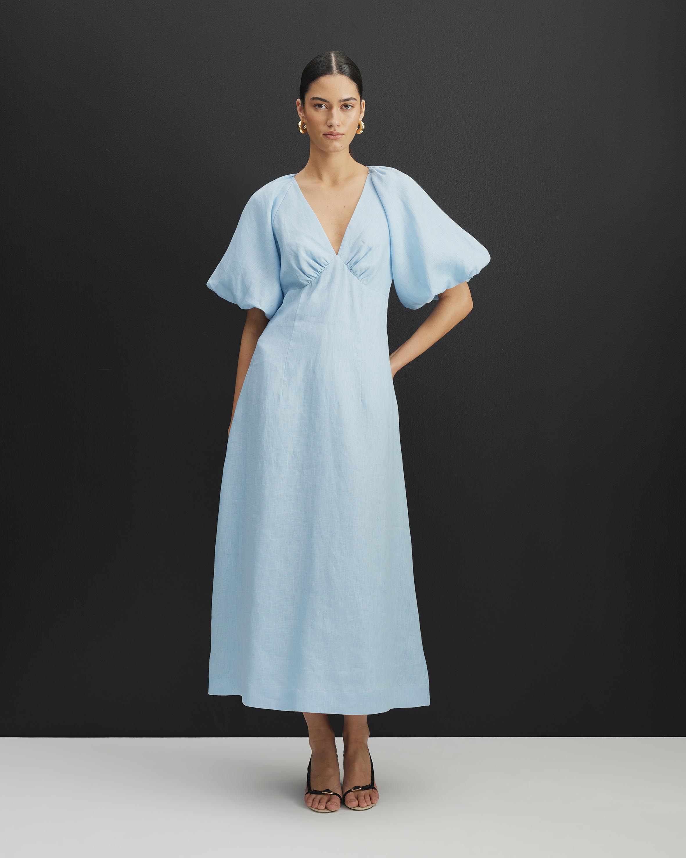 Imogen Linen Puff Sleeve Midi Dress