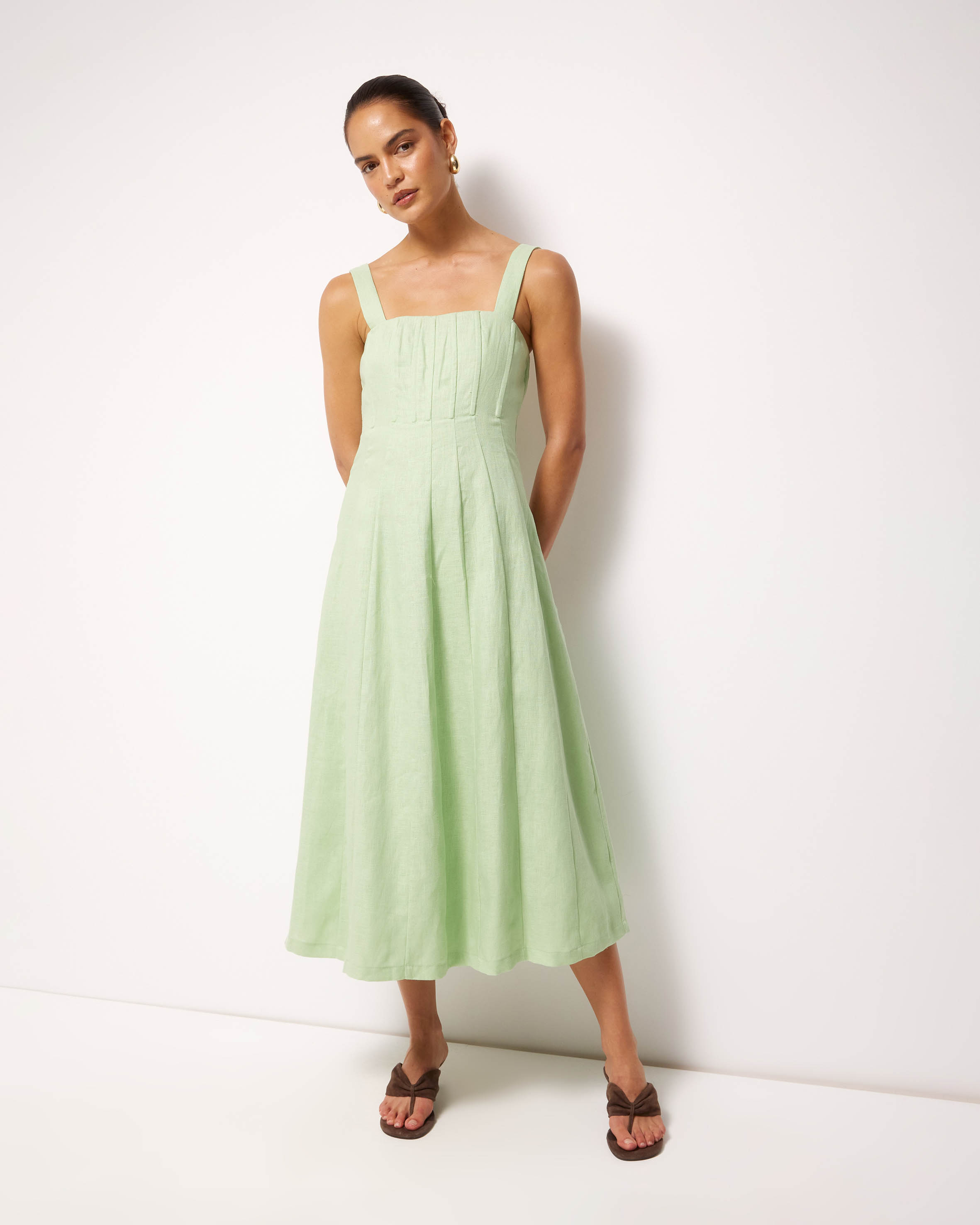 Pasey Linen Seamed Detail Midi Dress