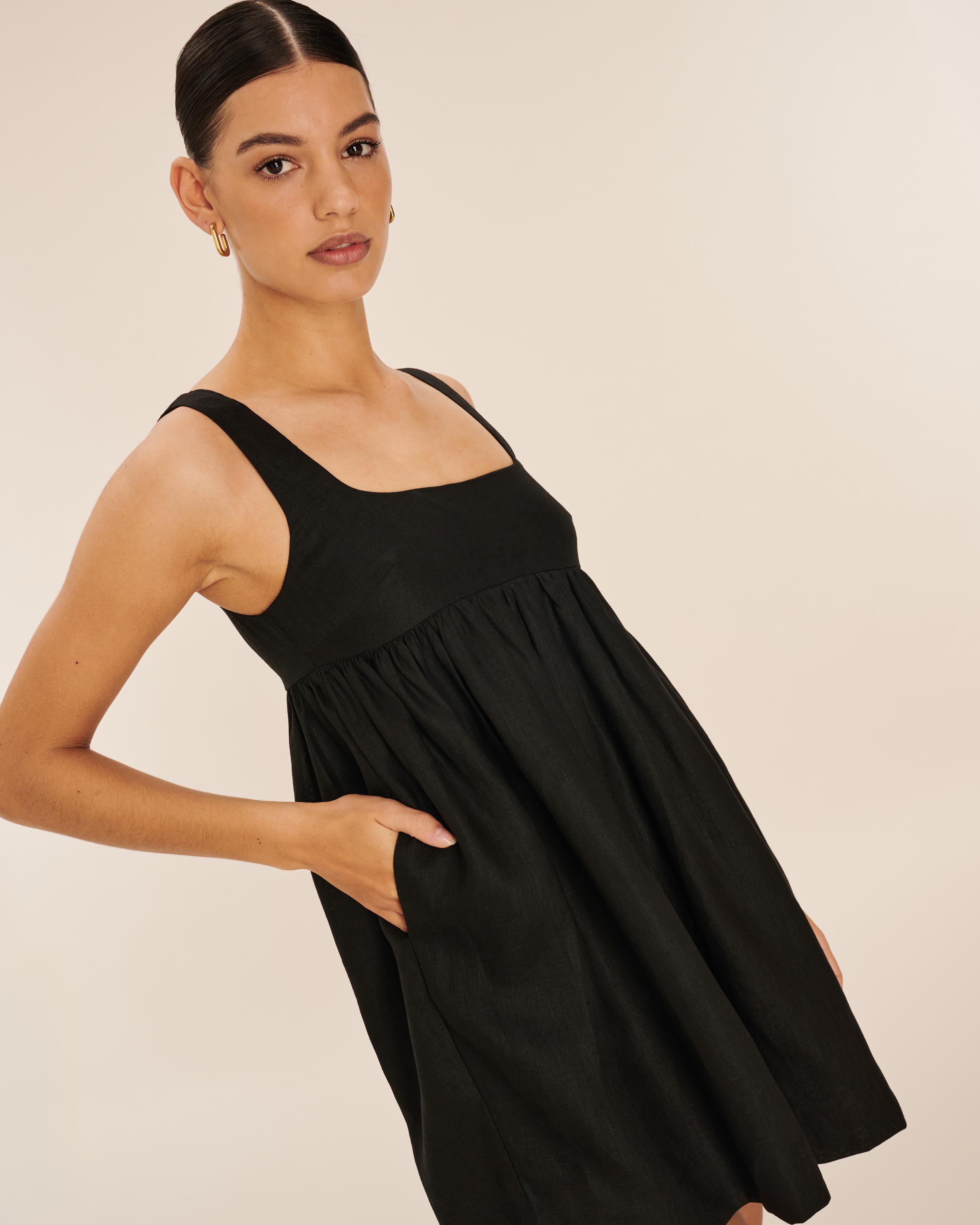 Linen Gathered Mini Dress