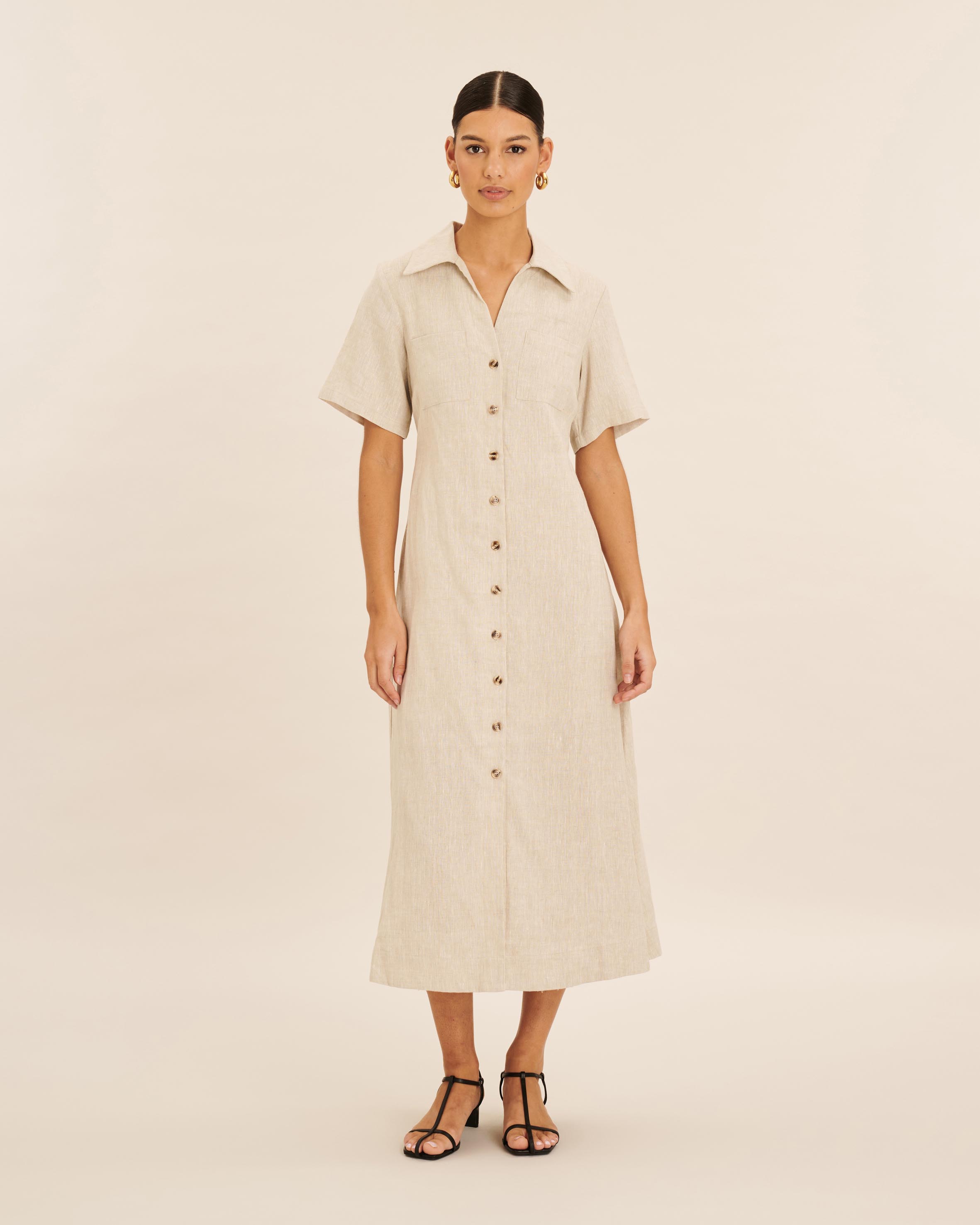 Opal Linen Open Collar Midi Dress