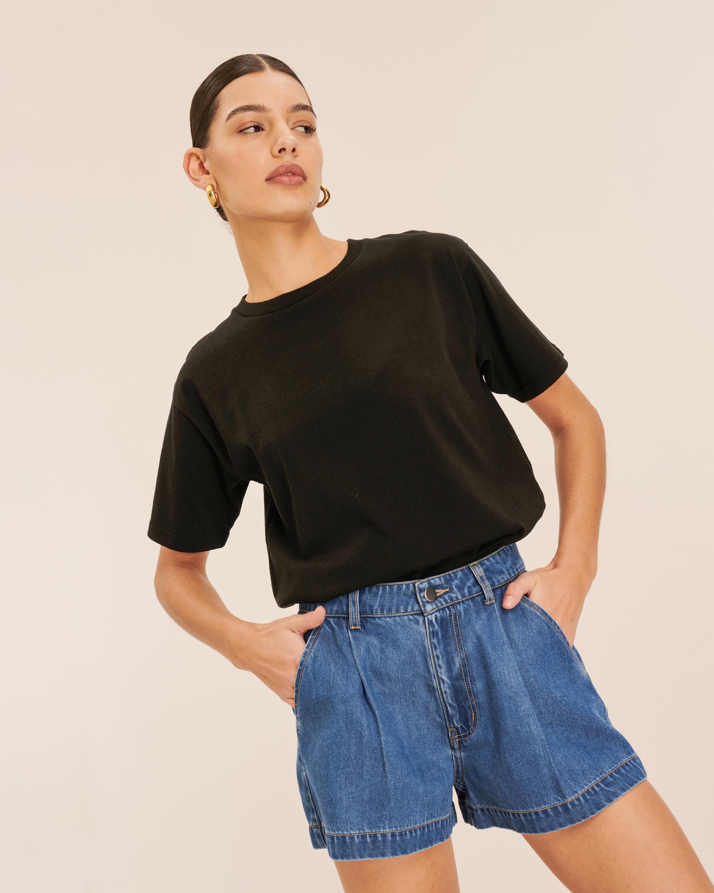 Pleated Denim Shorts