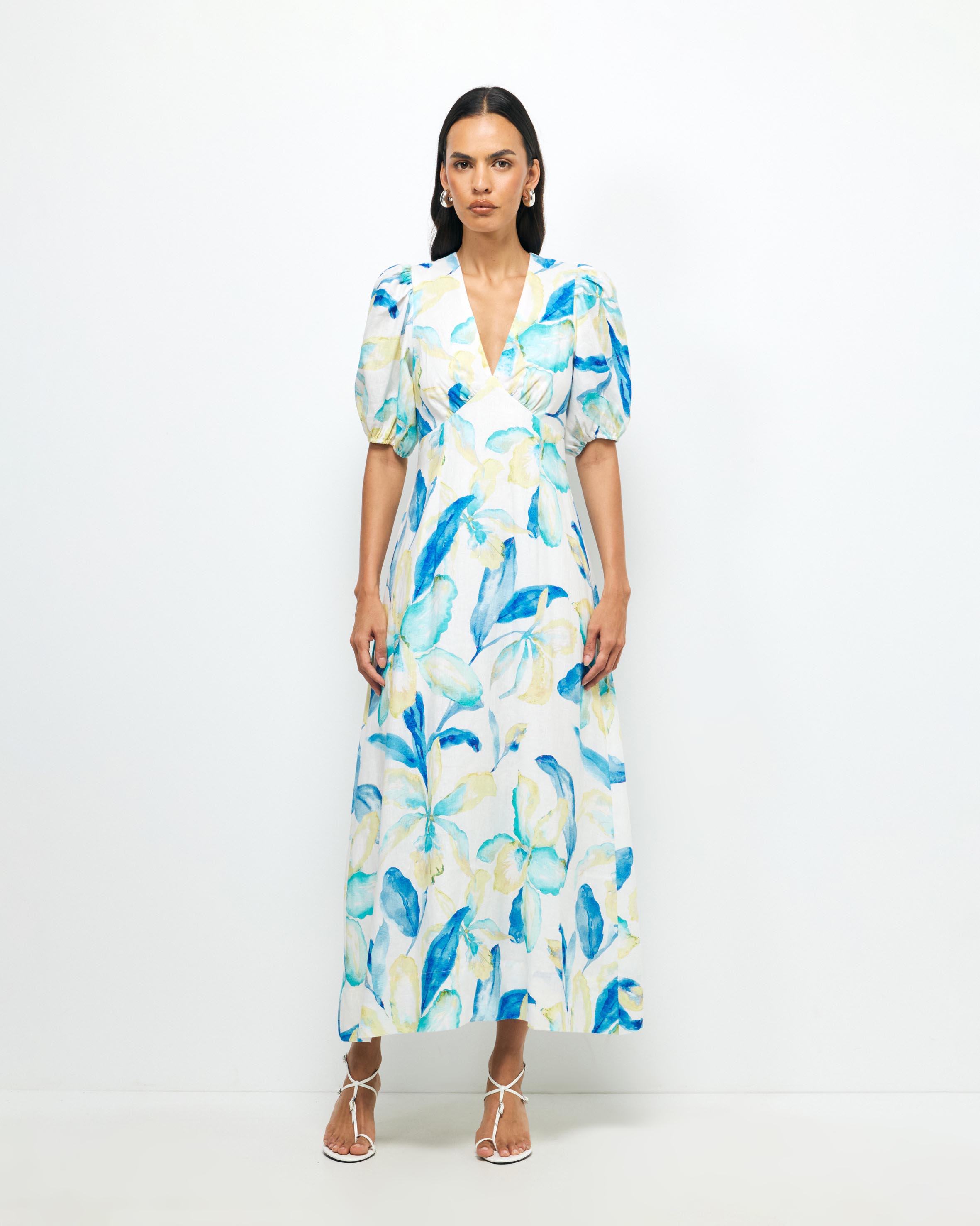 Kira Puff Sleeve Linen Midi Dress