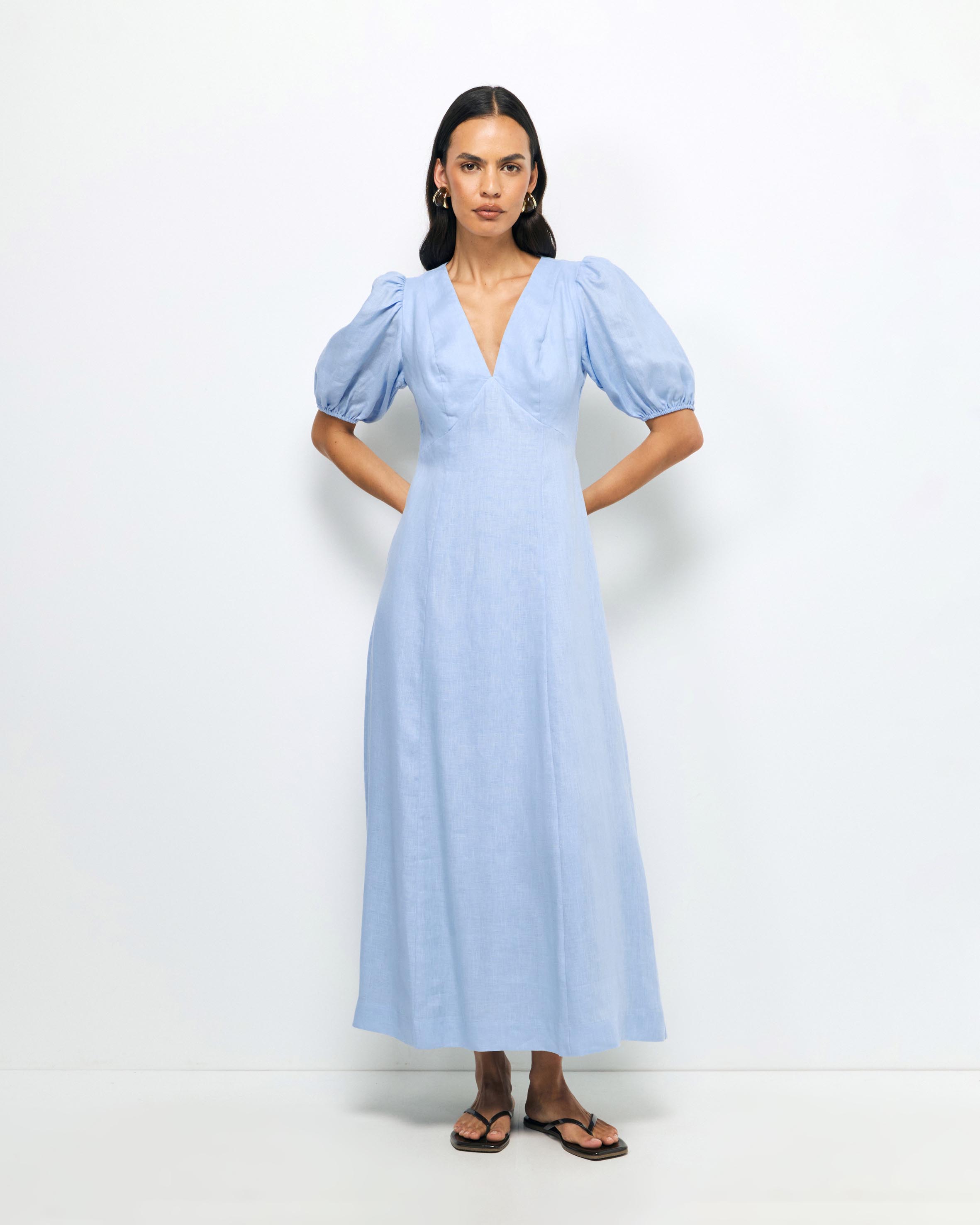 Lori Puff Sleeve Linen Midi Dress