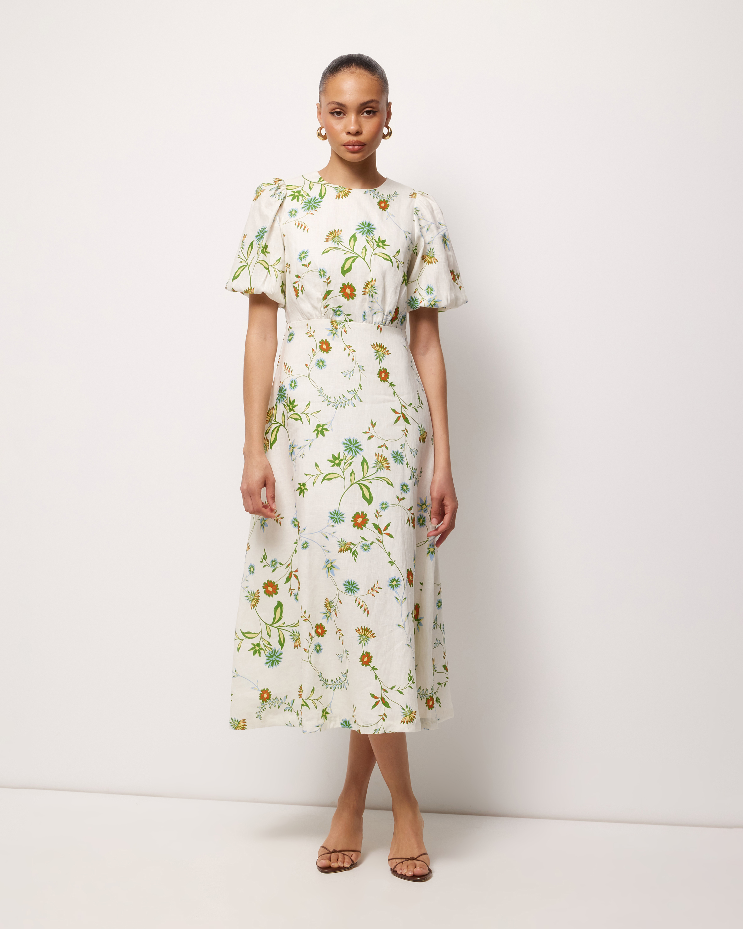 Clea Linen Puff Sleeve Midi Dress