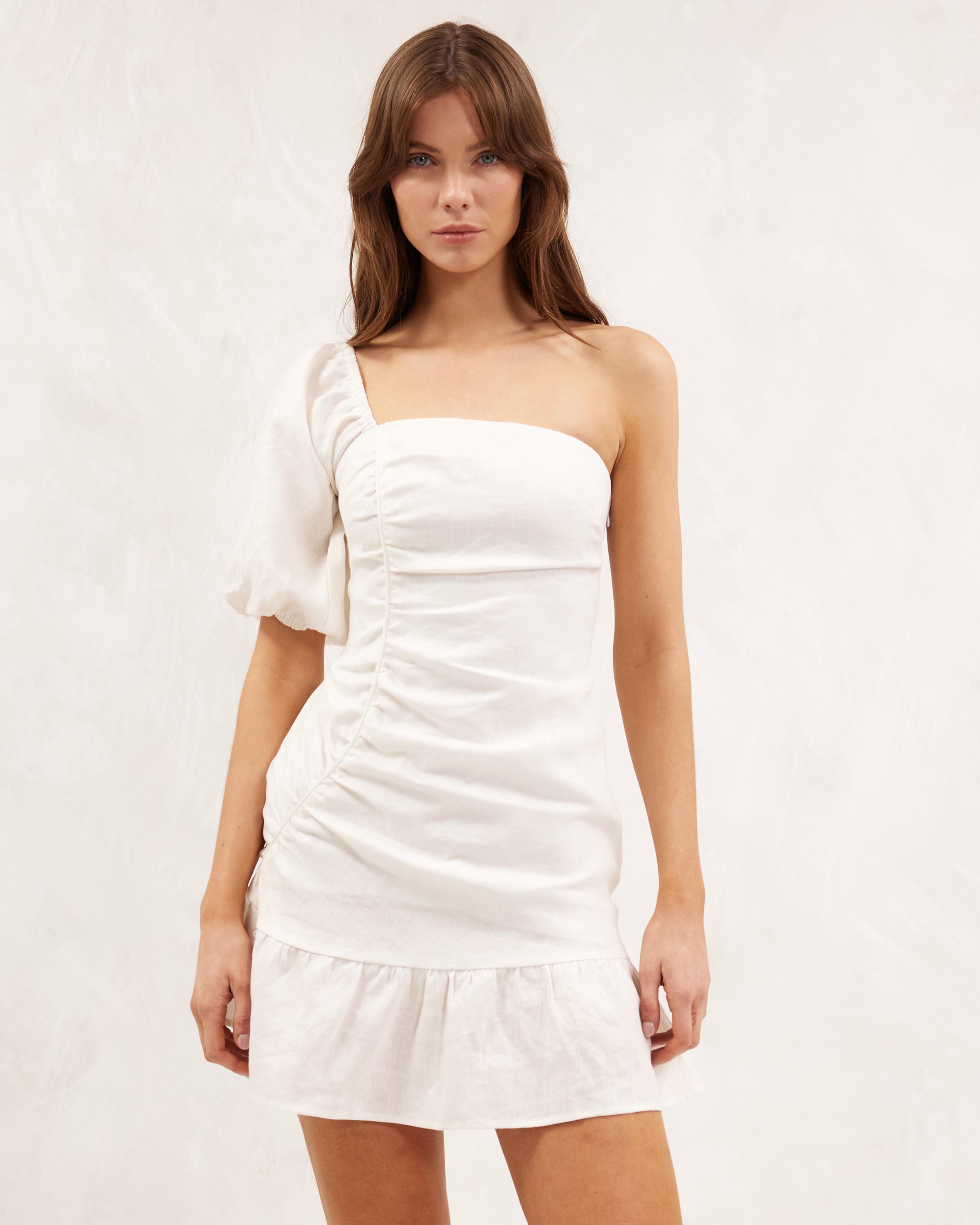 Linen One Shoulder Ruffle Hem Dress