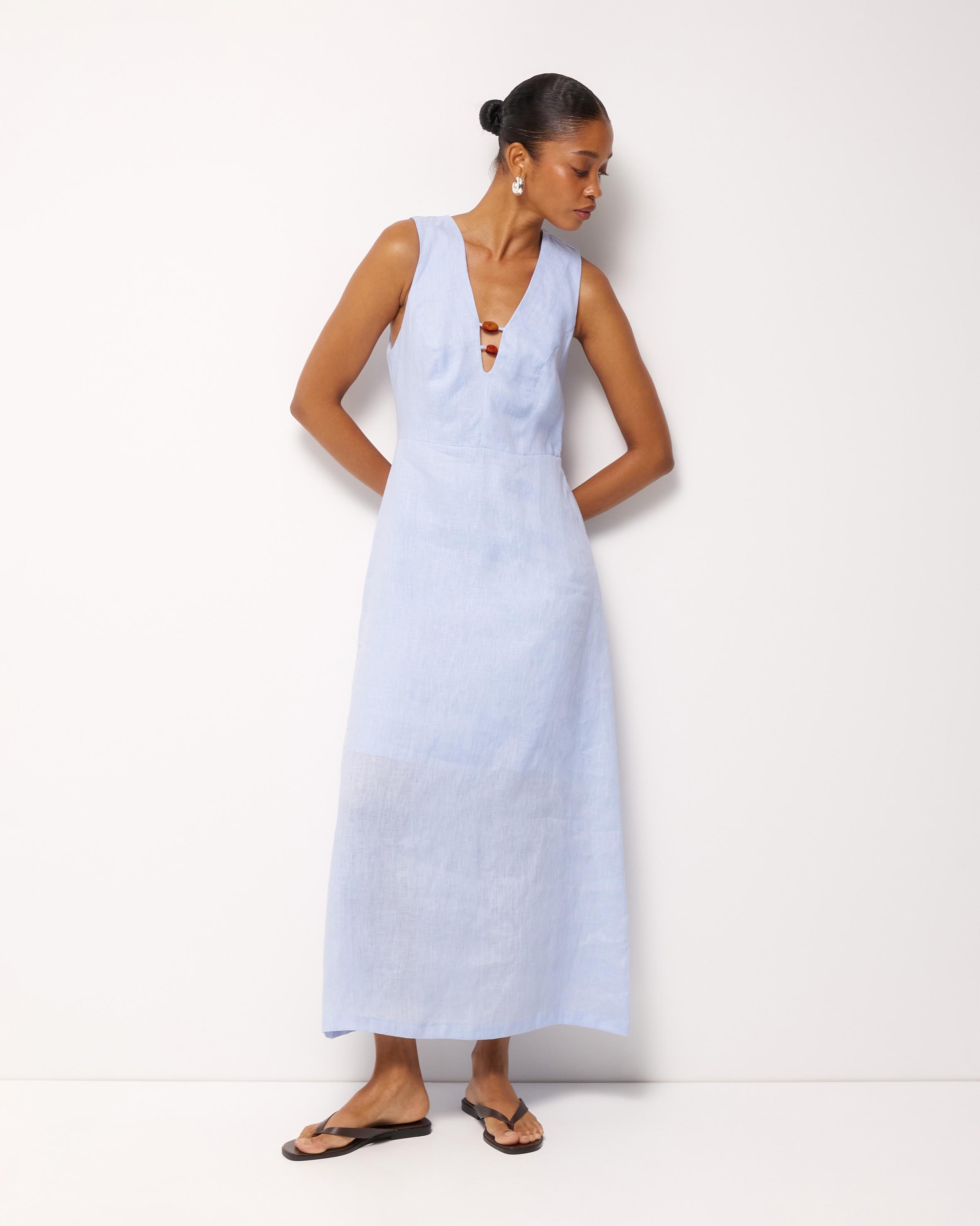 Cari Bead Detail Linen Midi Dress