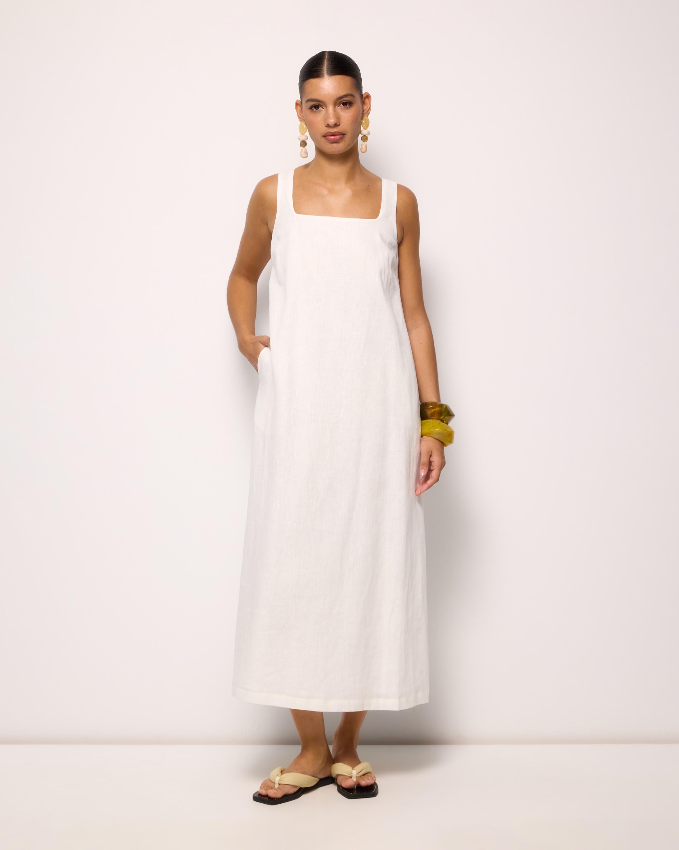 Ash Square Neck Linen Midi Dress