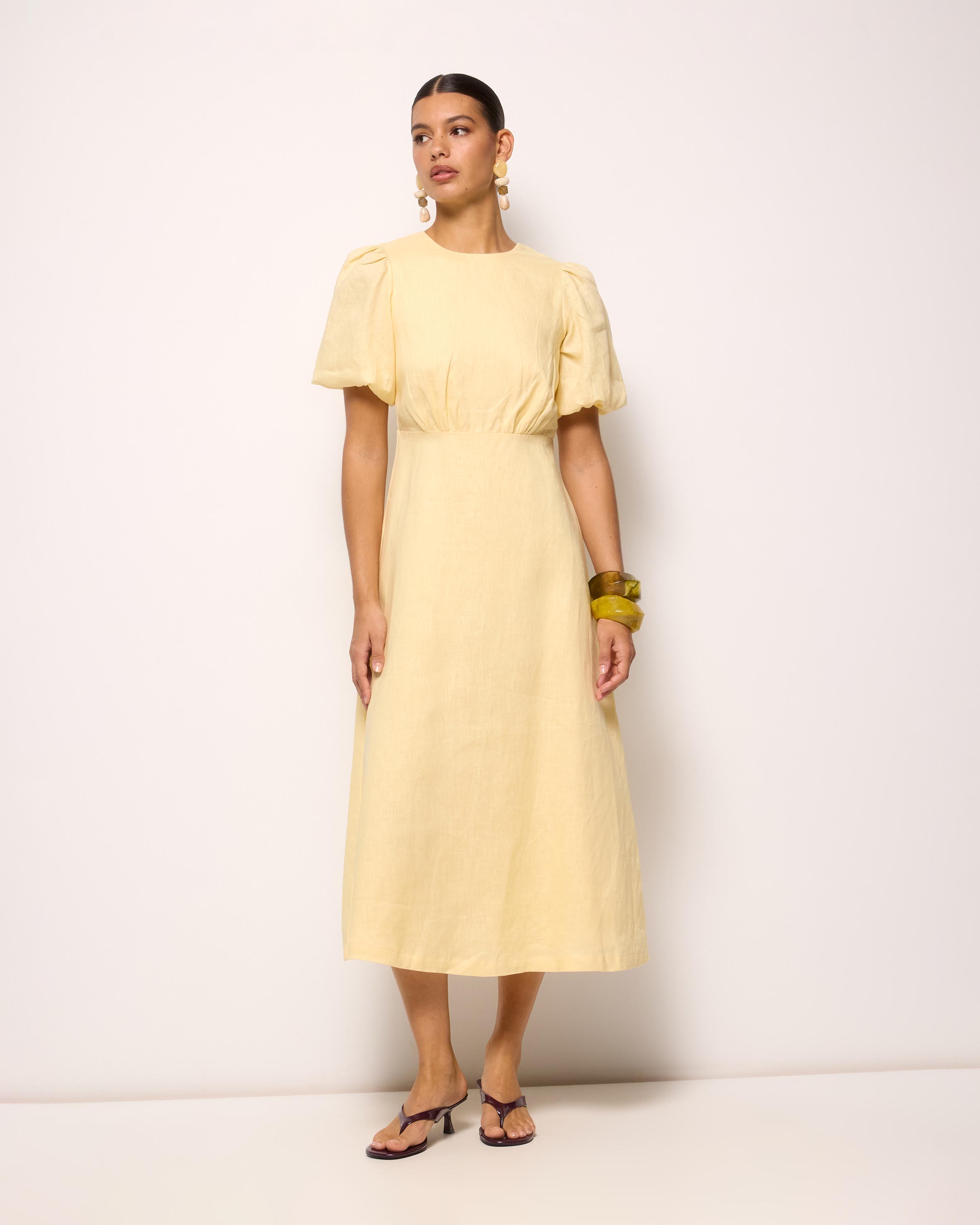 Elowen Linen Puff Sleeve Midi Dress