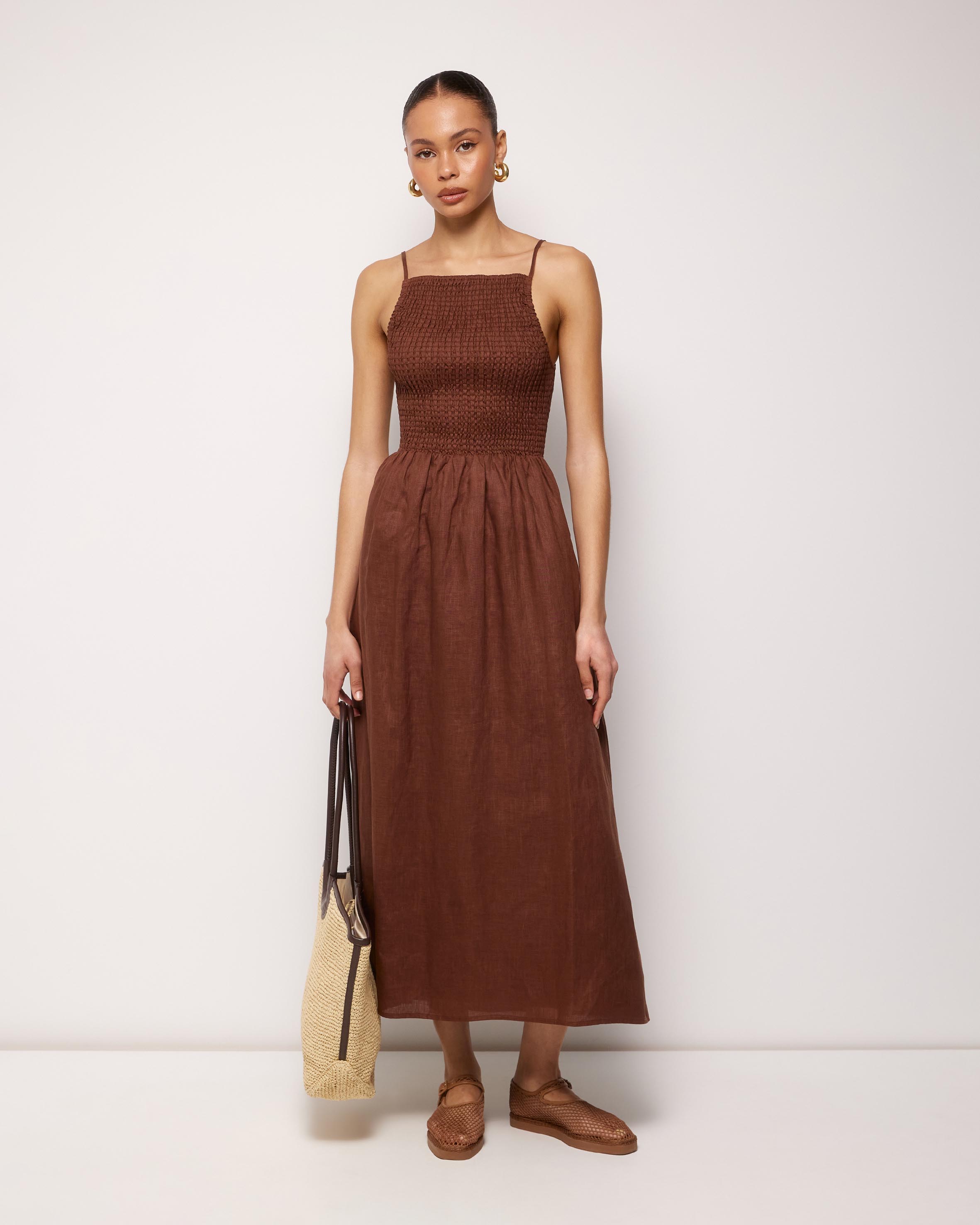 Olie Shirred Linen Midi Dress