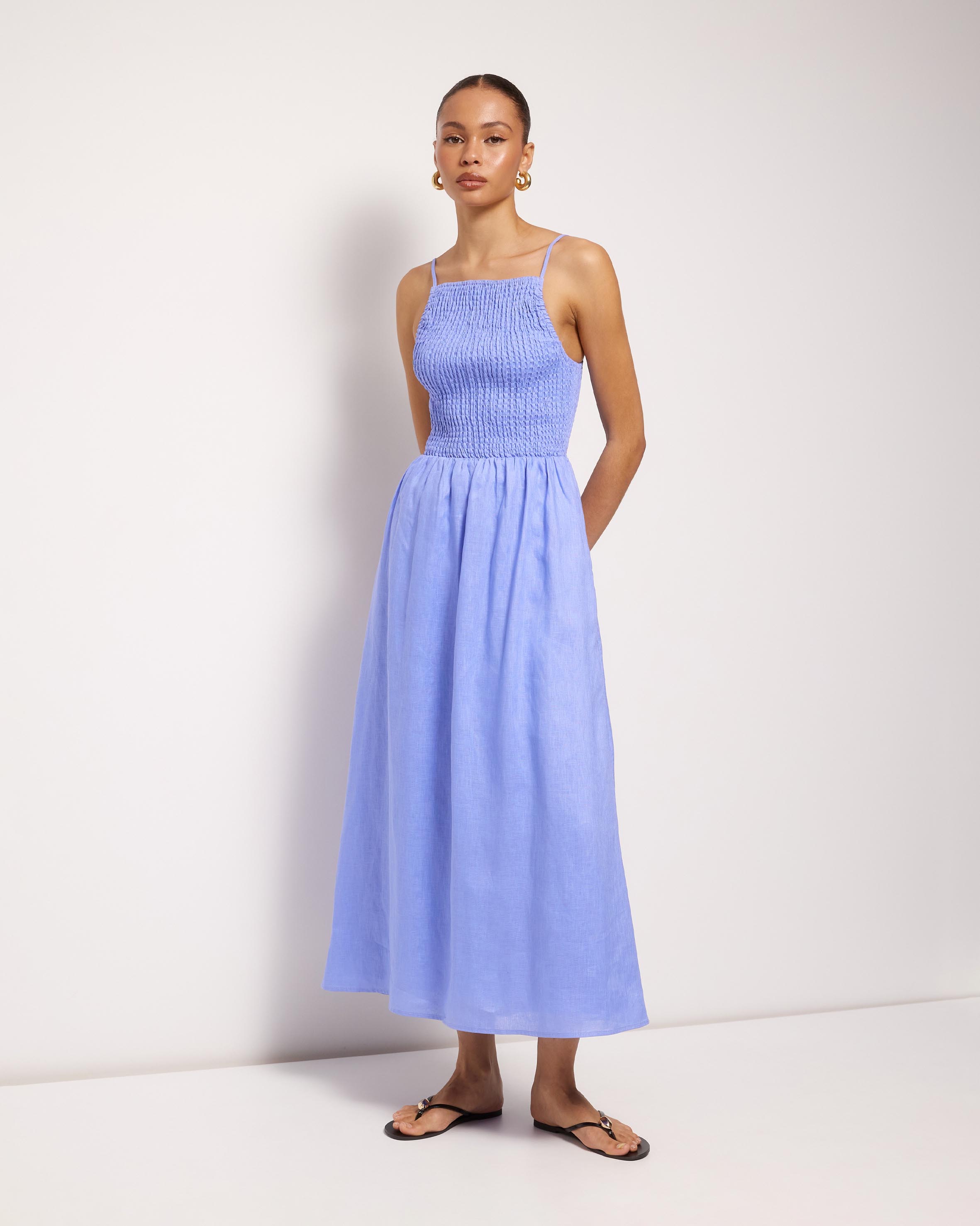 Olie Shirred Linen Midi Dress