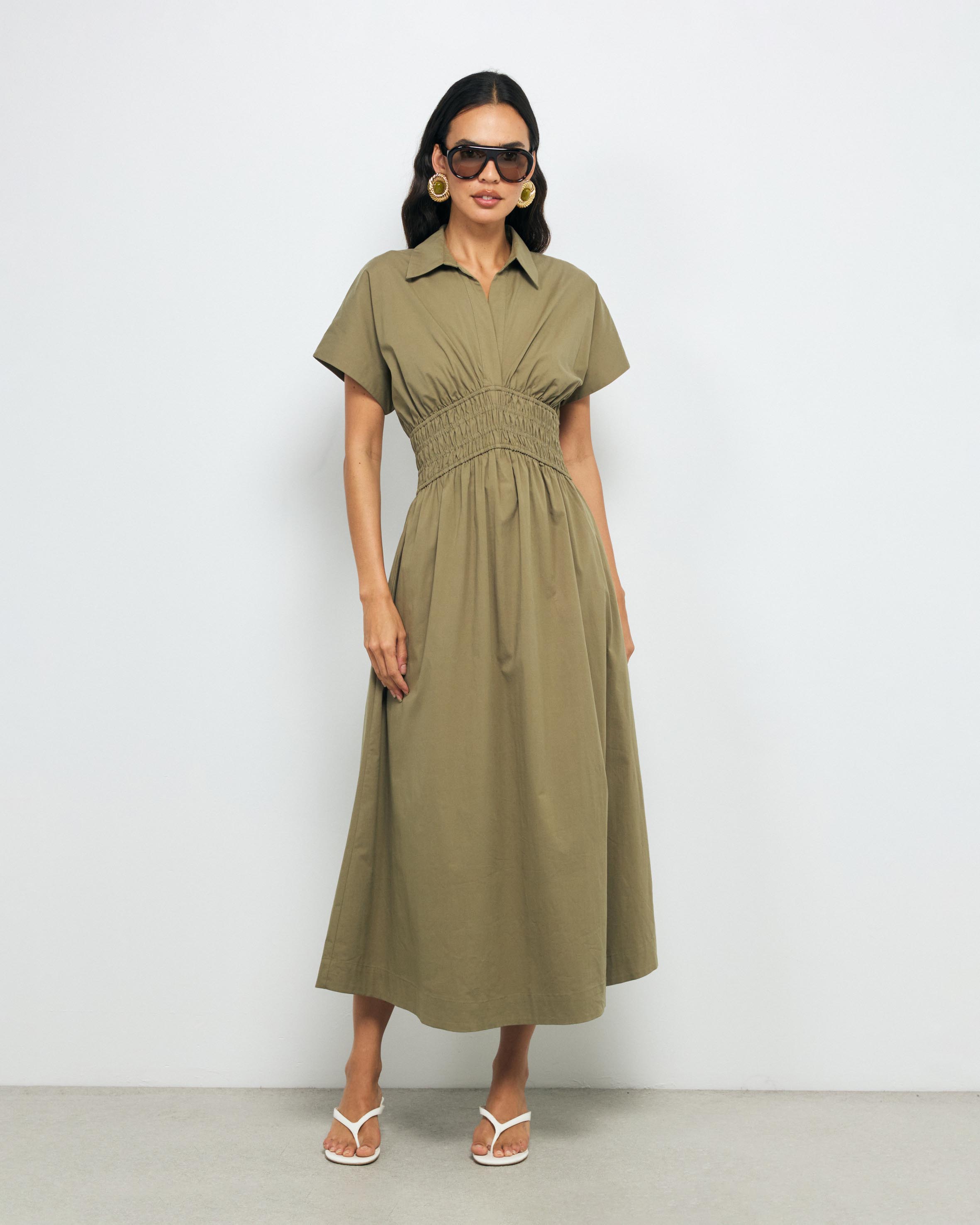 Carmine Shirred Waist Shirt Dress
