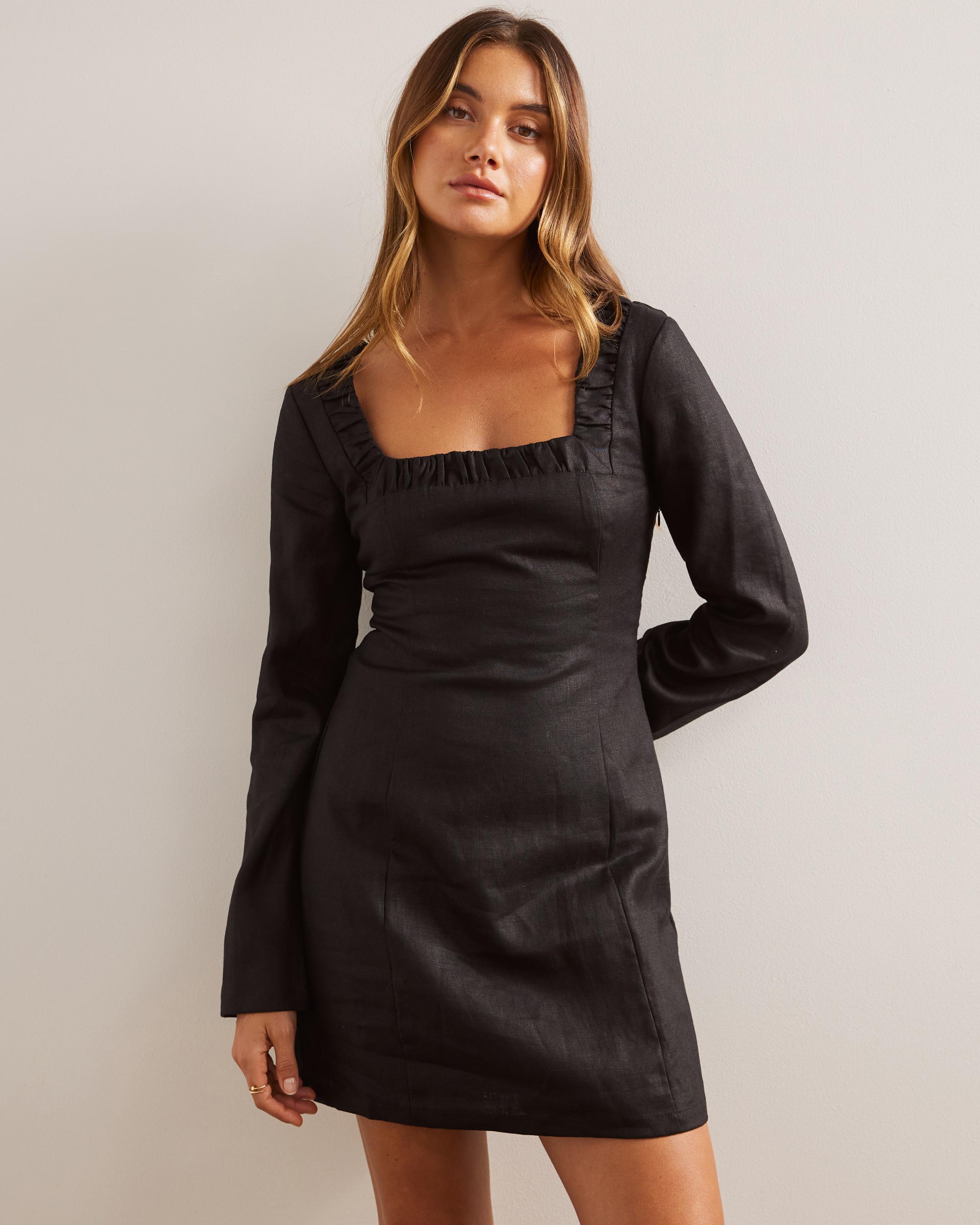 Linen Square Neck Detail A Line Mini Dress