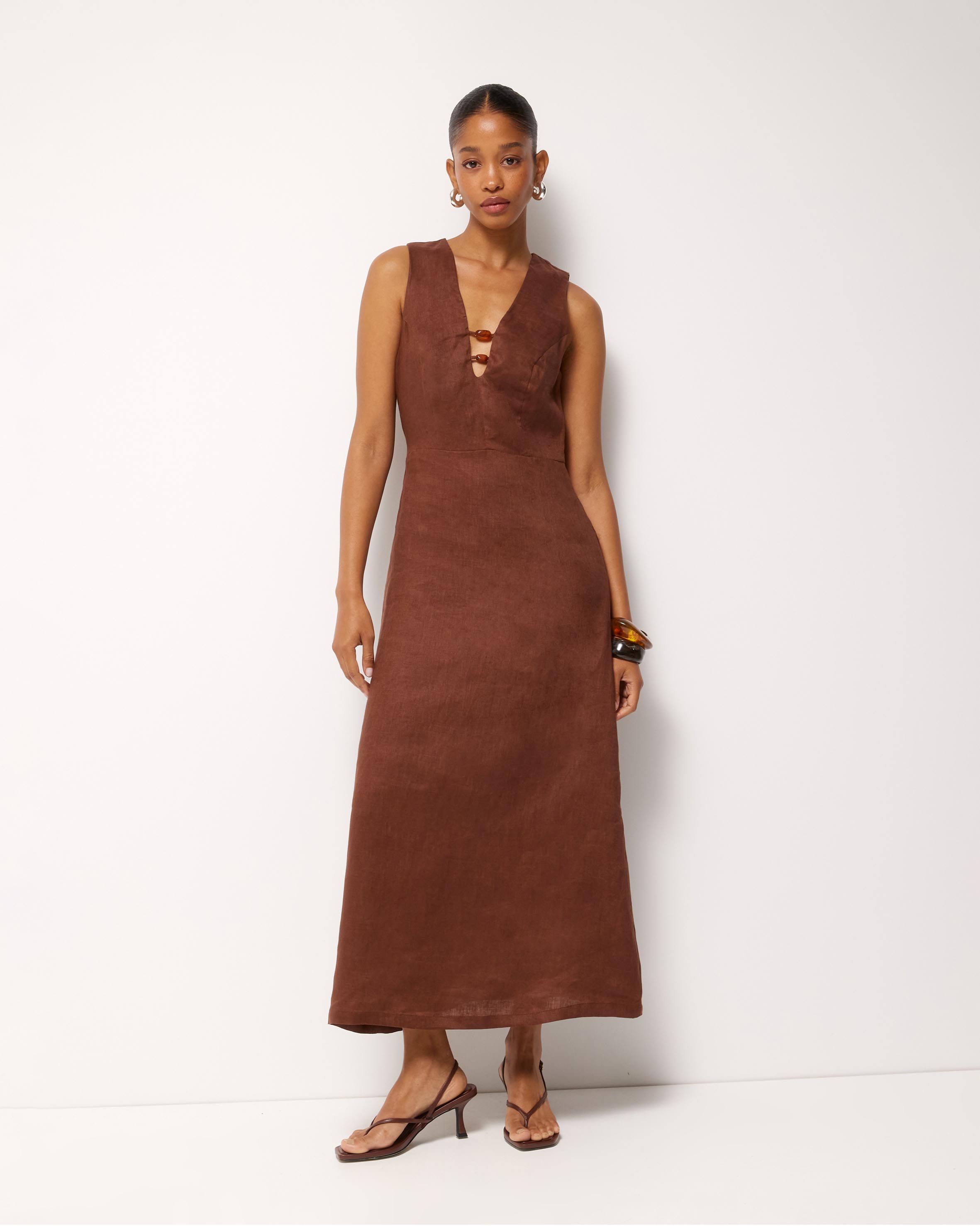 Cari Bead Detail Linen Midi Dress