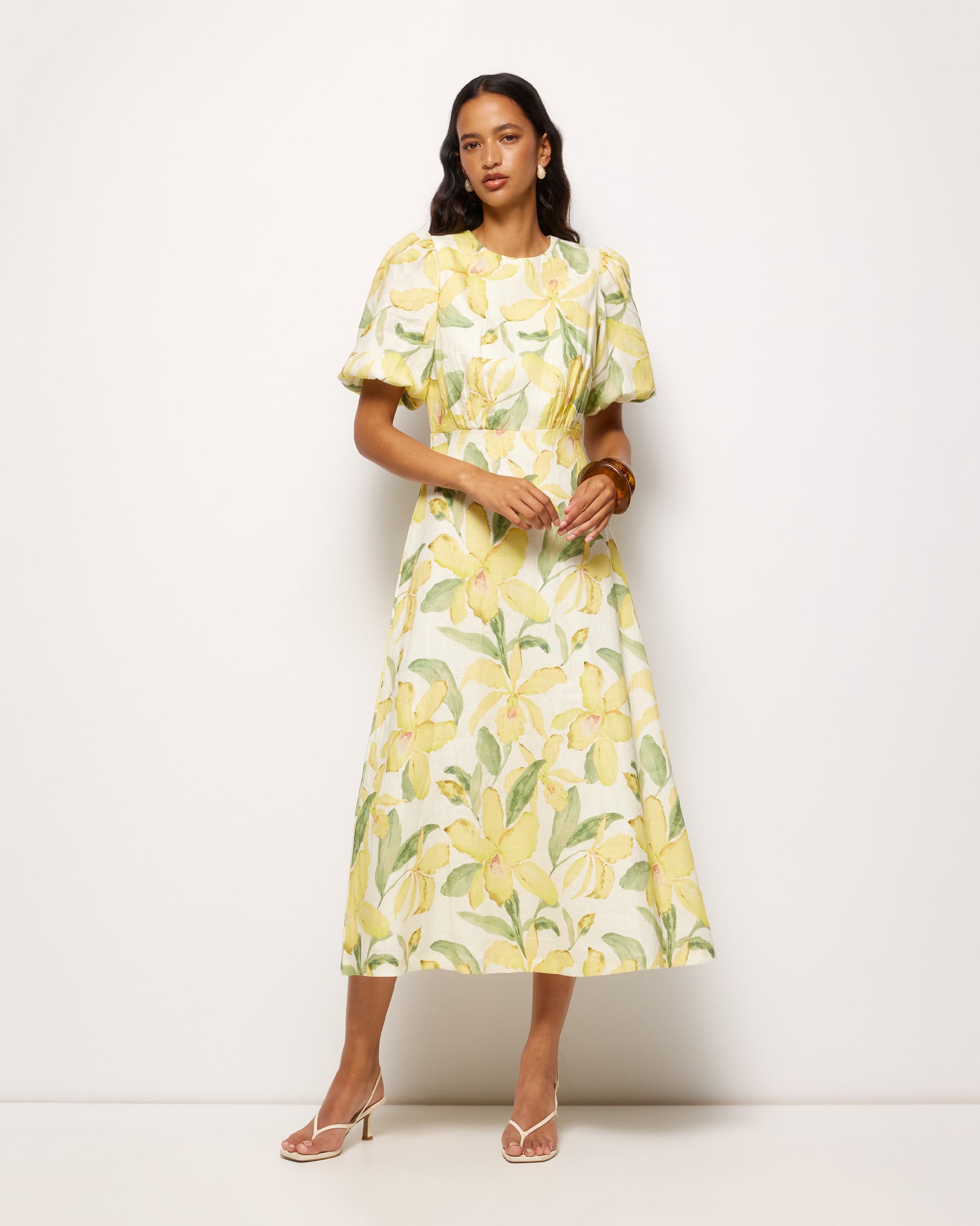 Clea Linen Puff Sleeve Midi Dress