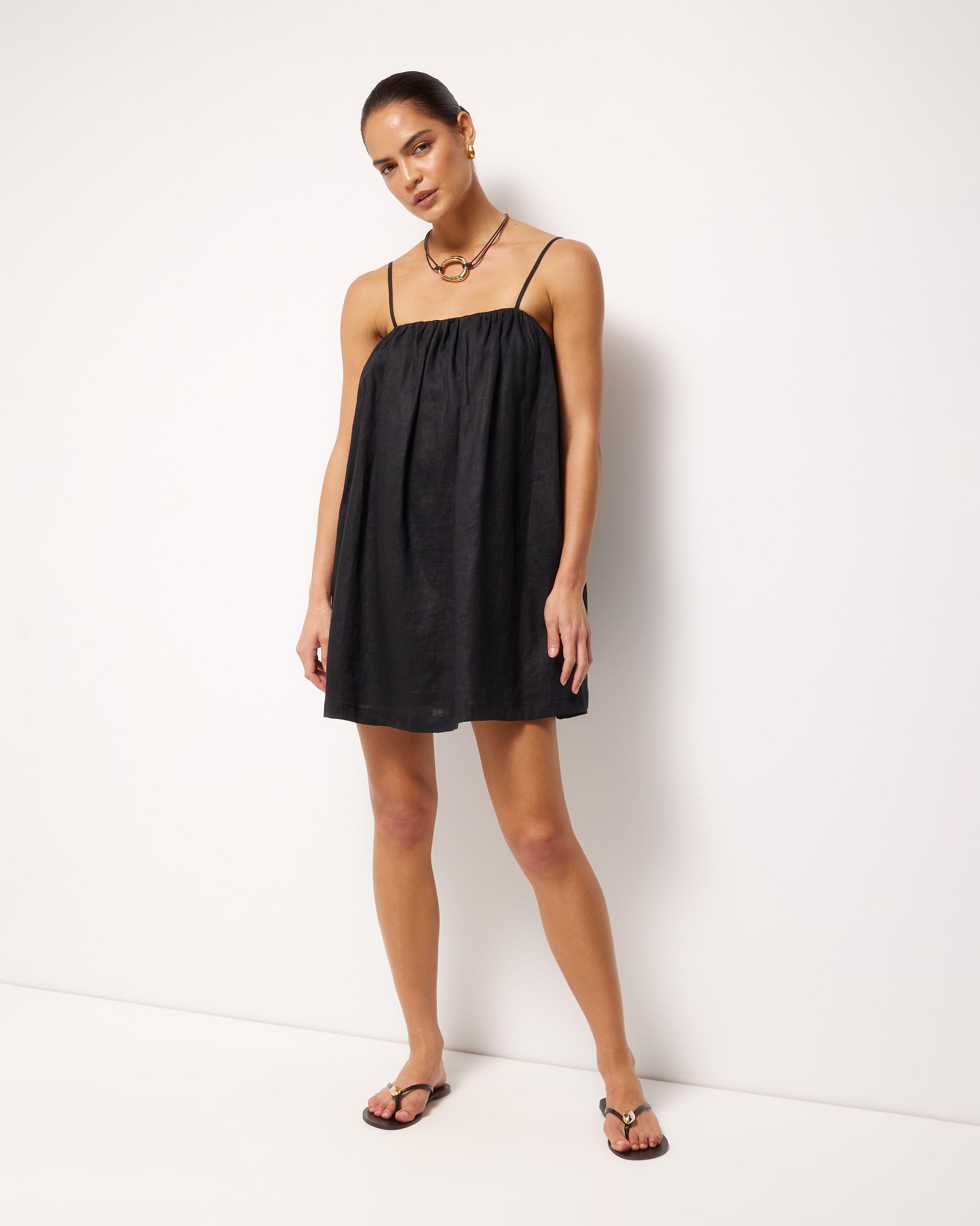 Liv Linen Gathered Neckline Mini Dress
