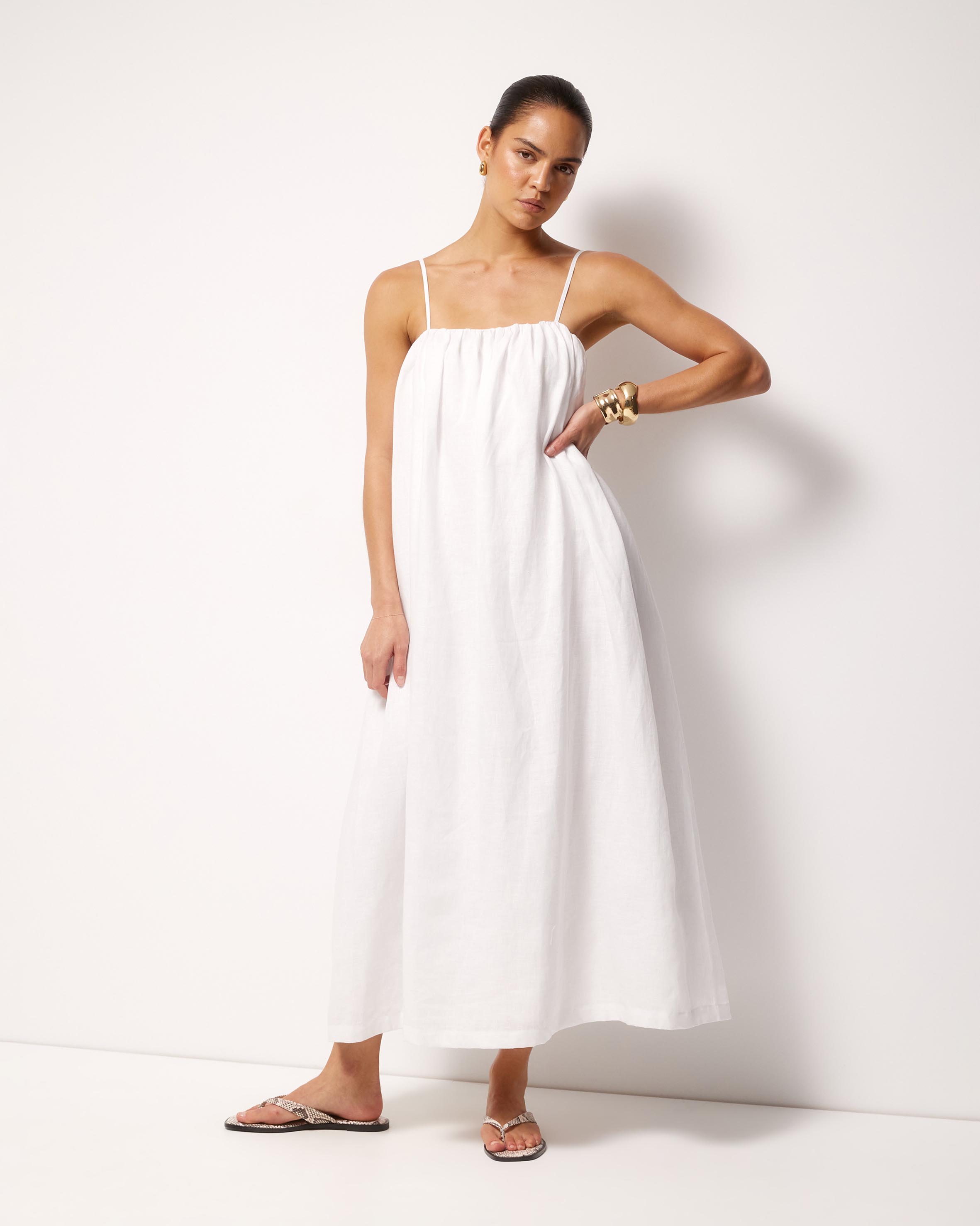 Liv Linen Gathered Neckline Midi Dress