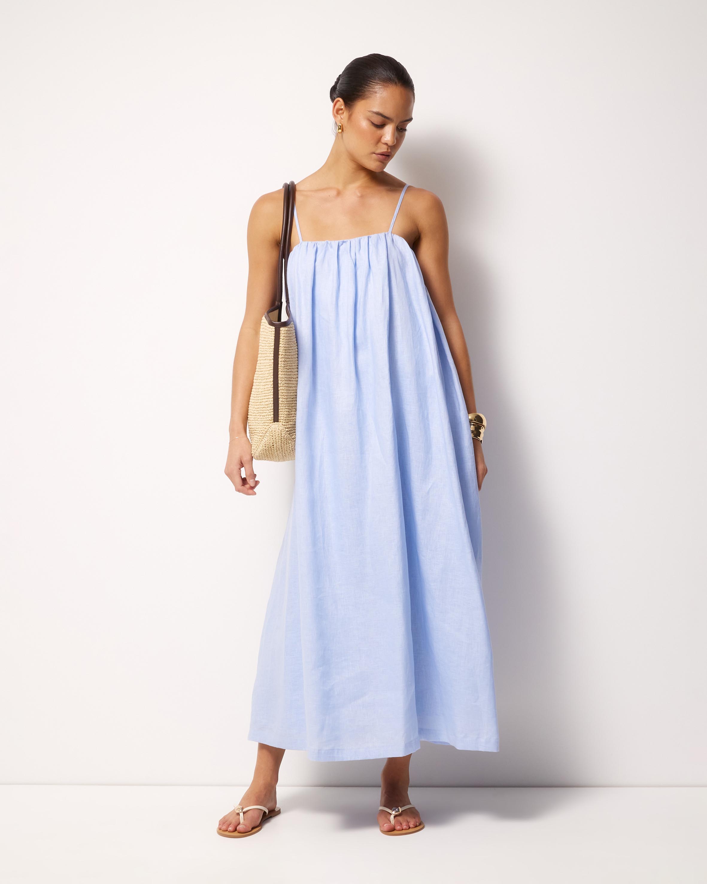 Liv Linen Gathered Neckline Midi Dress