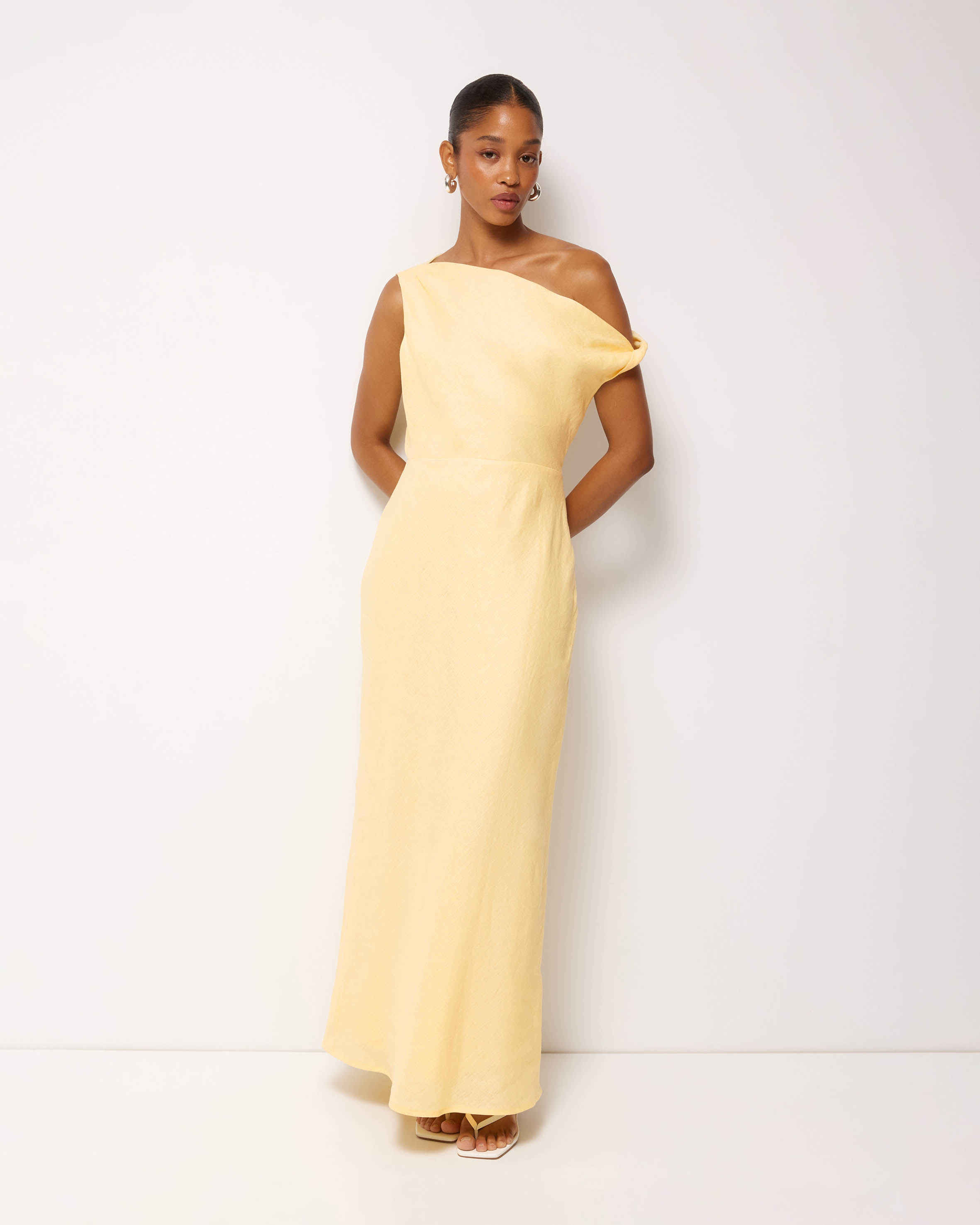 Fia Linen Draped Off Shoulder Maxi Dress