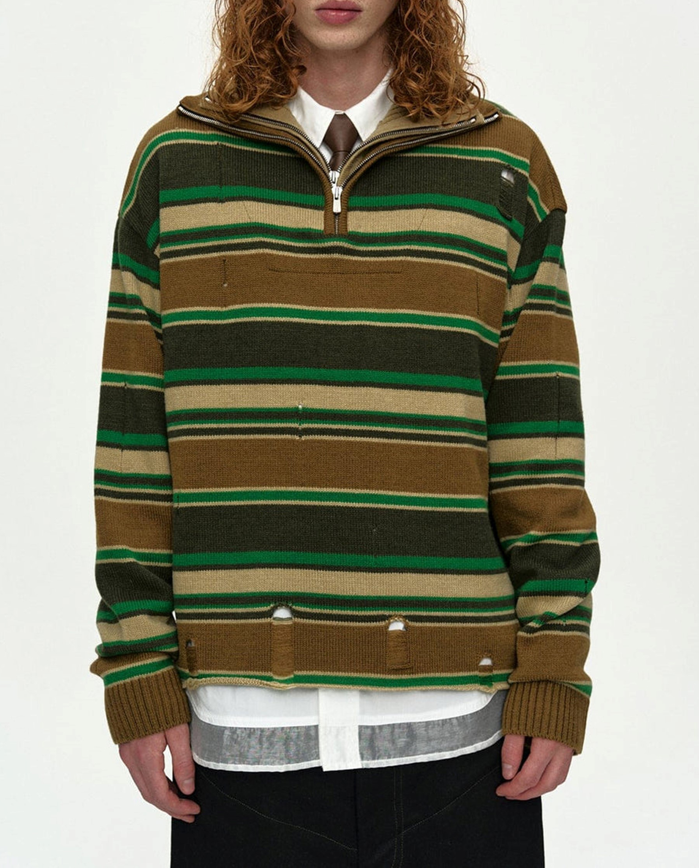 Double Layered Stripe Half Zip-Up Sweater