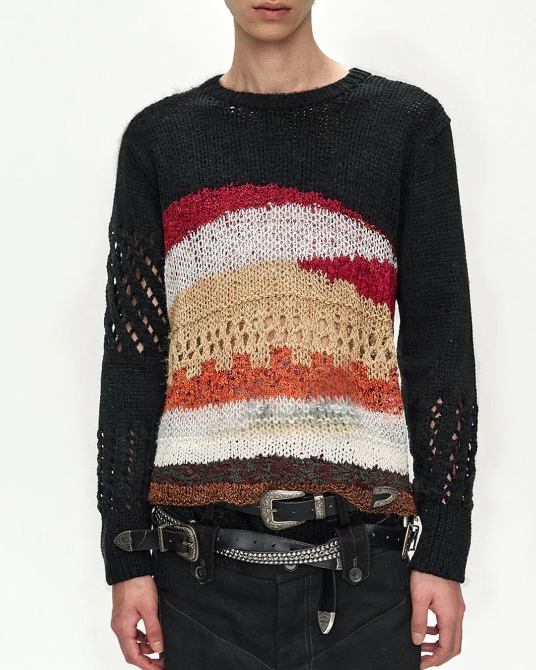 Black Hand-Crocheted Crew-Neck Sweater