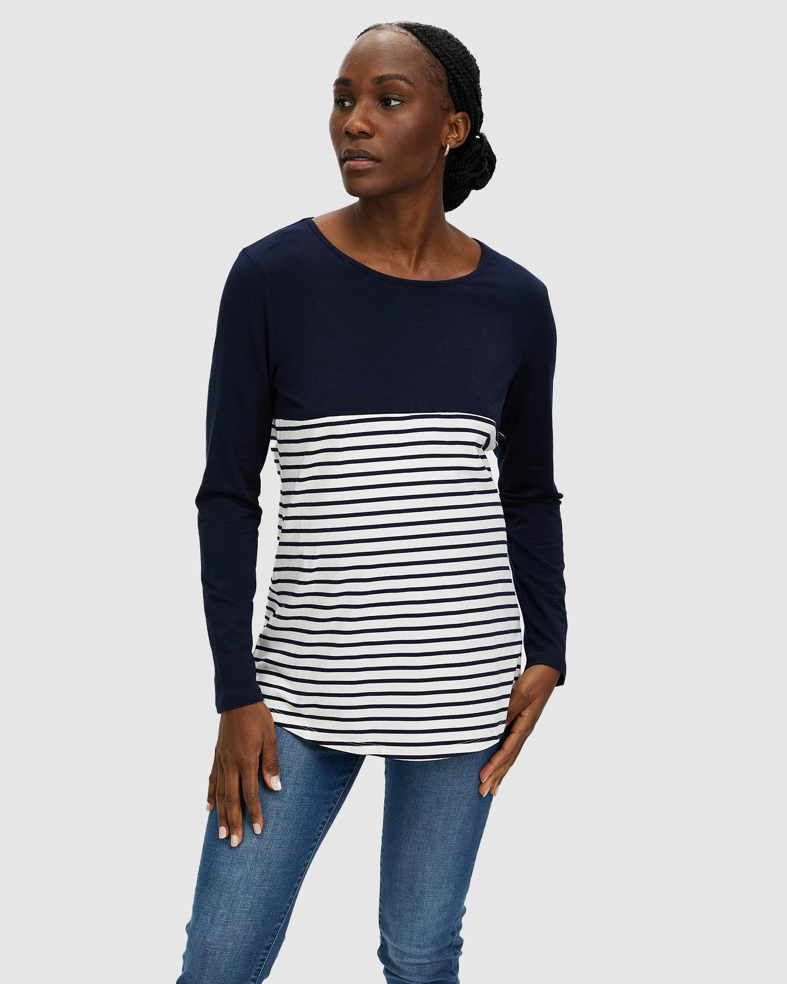 Cleo Maternity & Nursing Long Sleeve Top in Navy Stripe