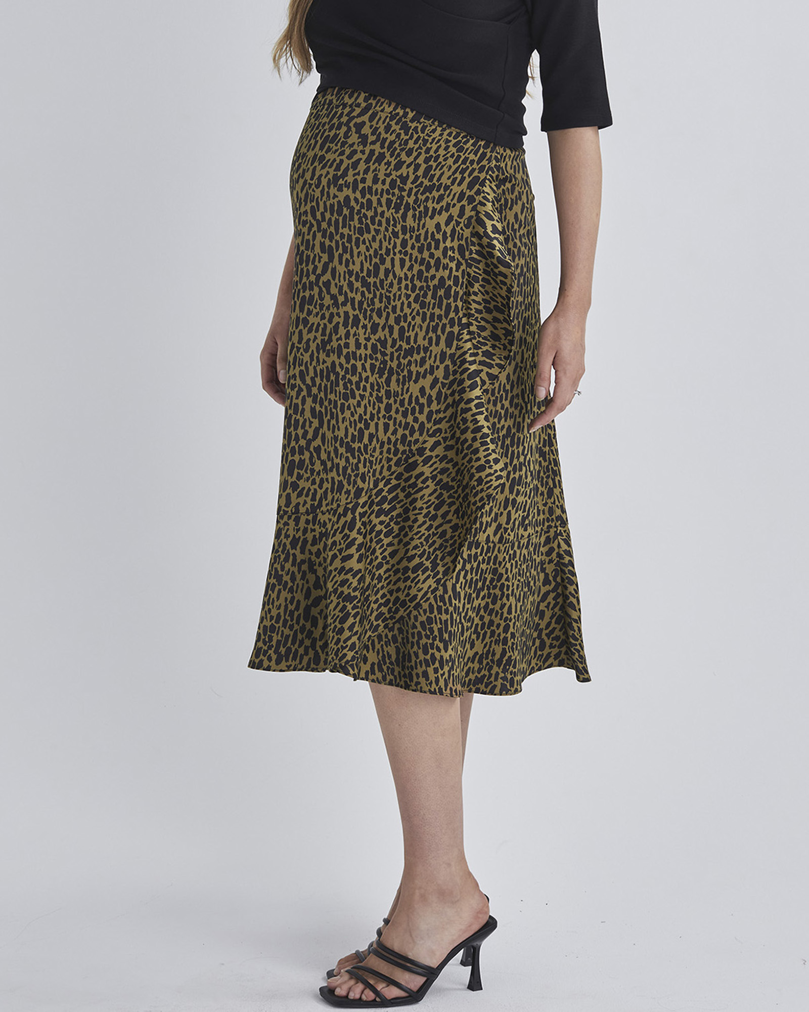 Christie Maternity Wrap Midi Skirt in Khaki Leopard Print