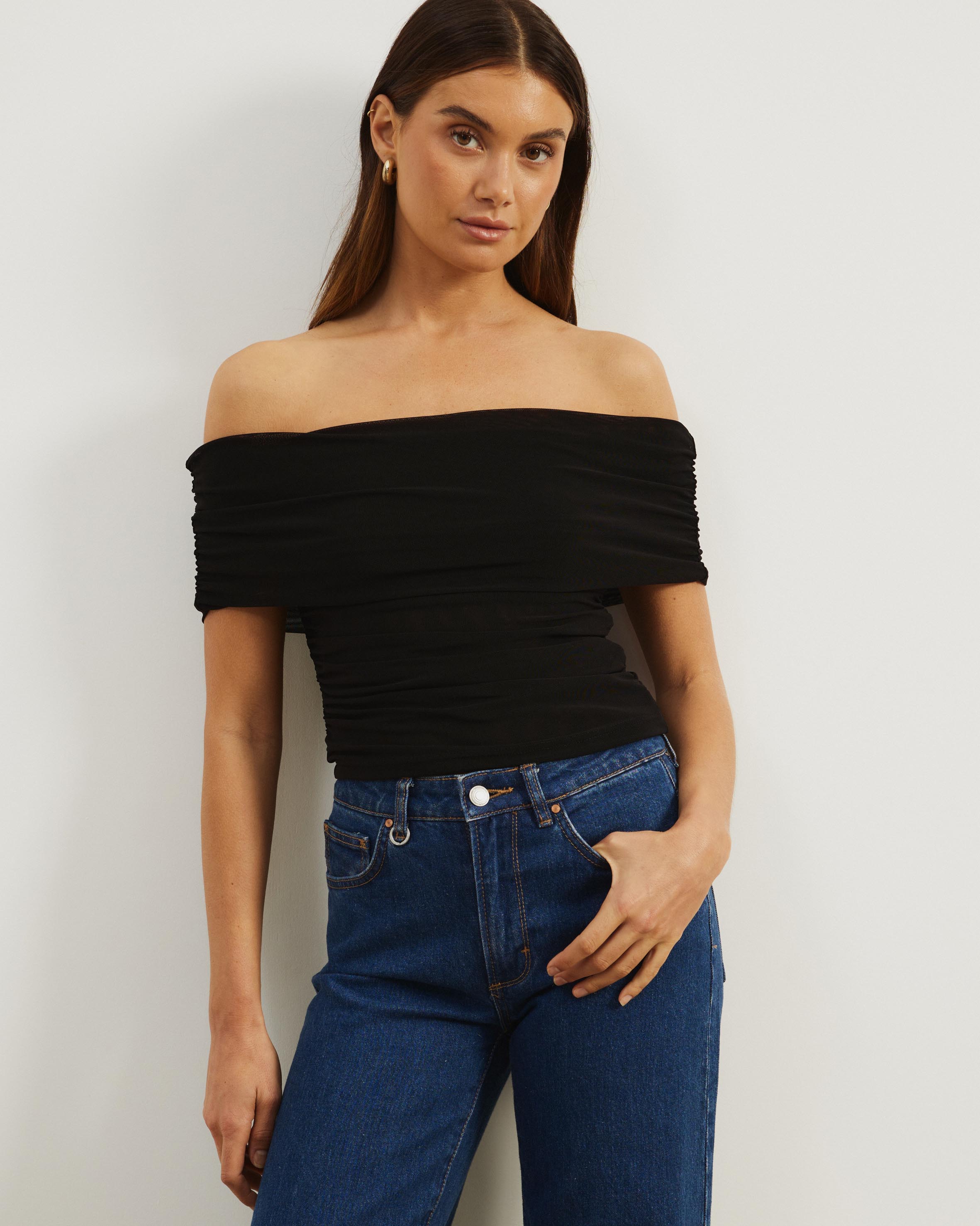 Elka Short Sleeve Mesh Off Shoulder Top